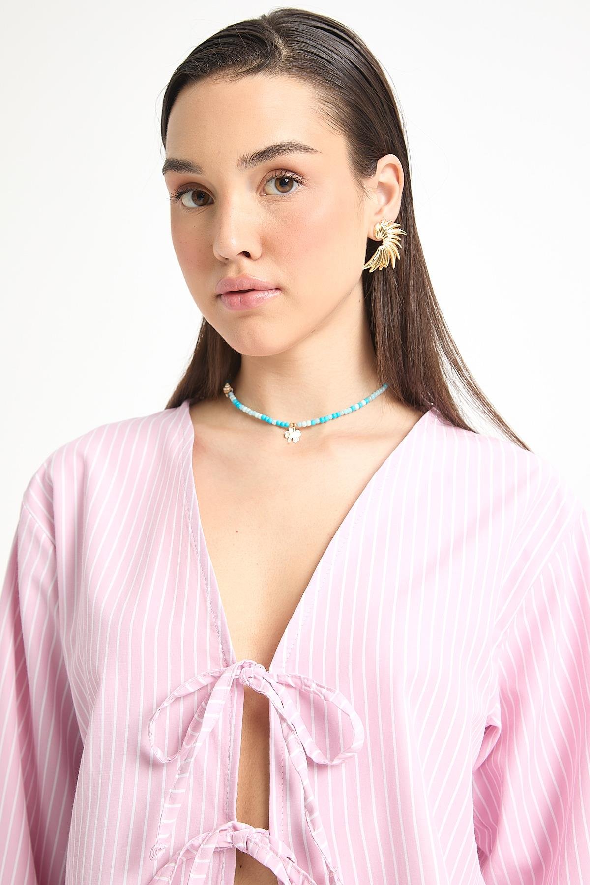 Pembe Çizgili Poplin Kumaş Önden Bağlamalı Bluz 29276