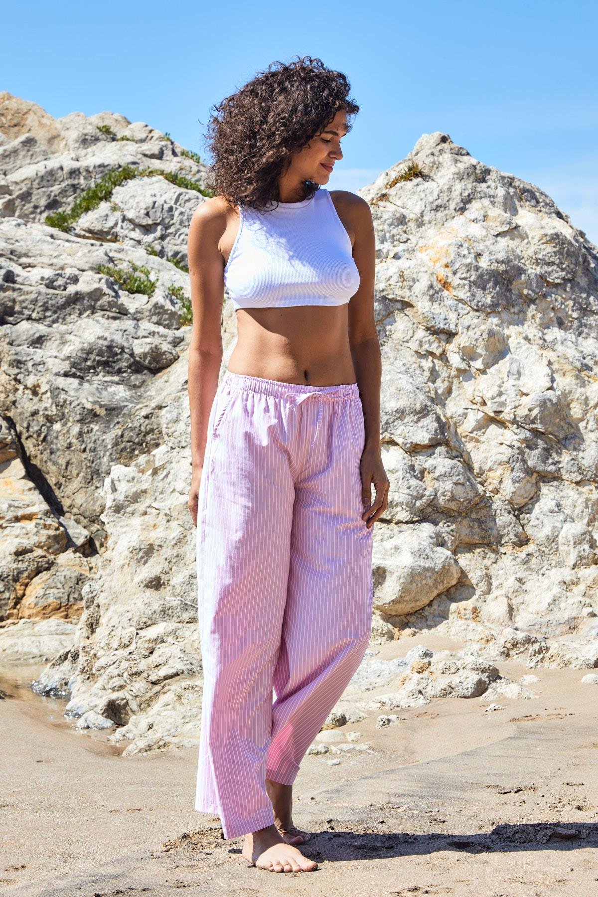 Pembe Düşük Bel Lastikli Geniş Kesim Çizgili Pantolon 27280