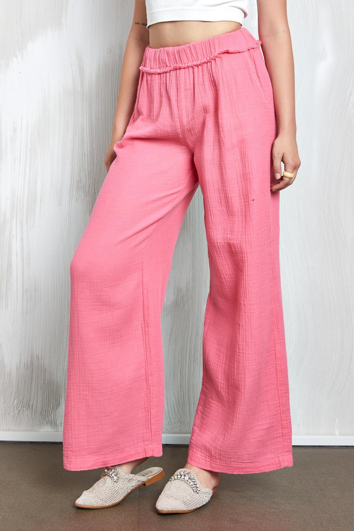 Pembe Müslin Kumaş Beli Lastikli Bol Kesim Pantolon 27352