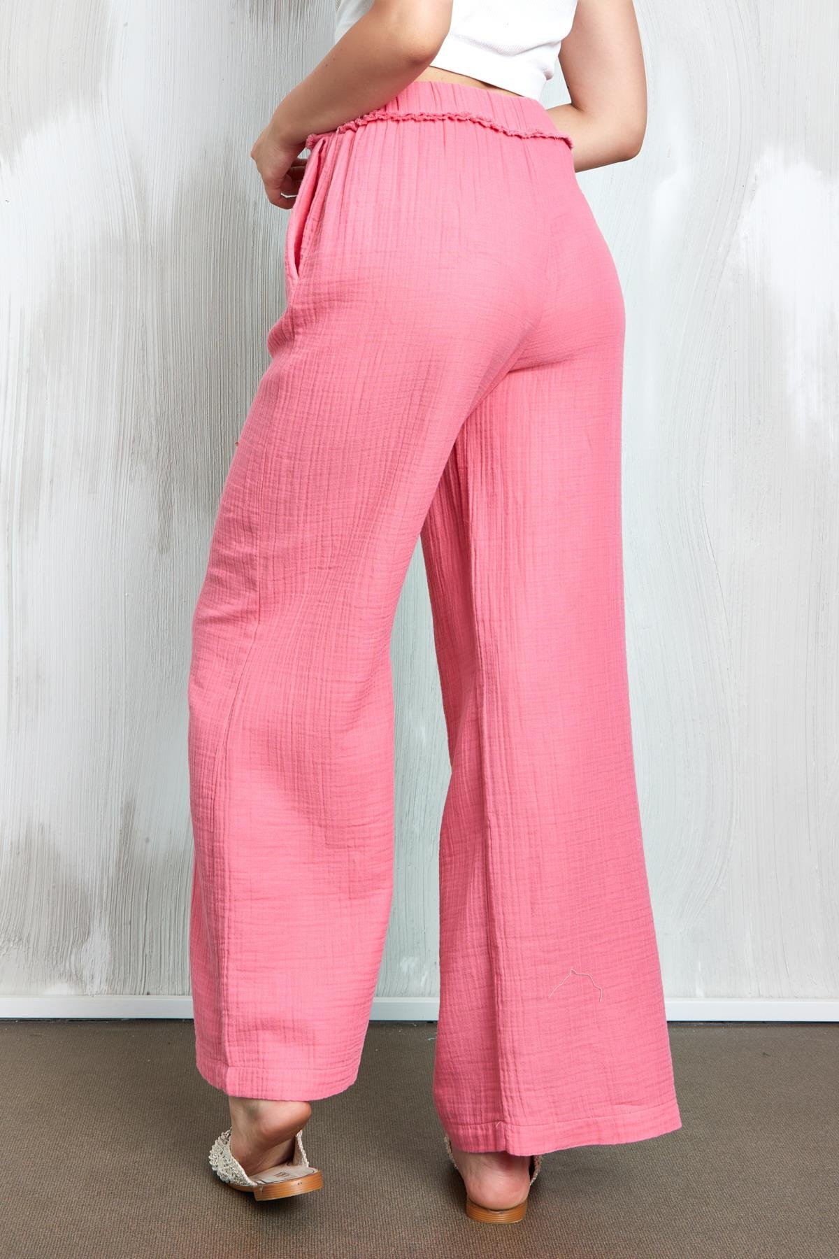 Pembe Müslin Kumaş Beli Lastikli Bol Kesim Pantolon 27352