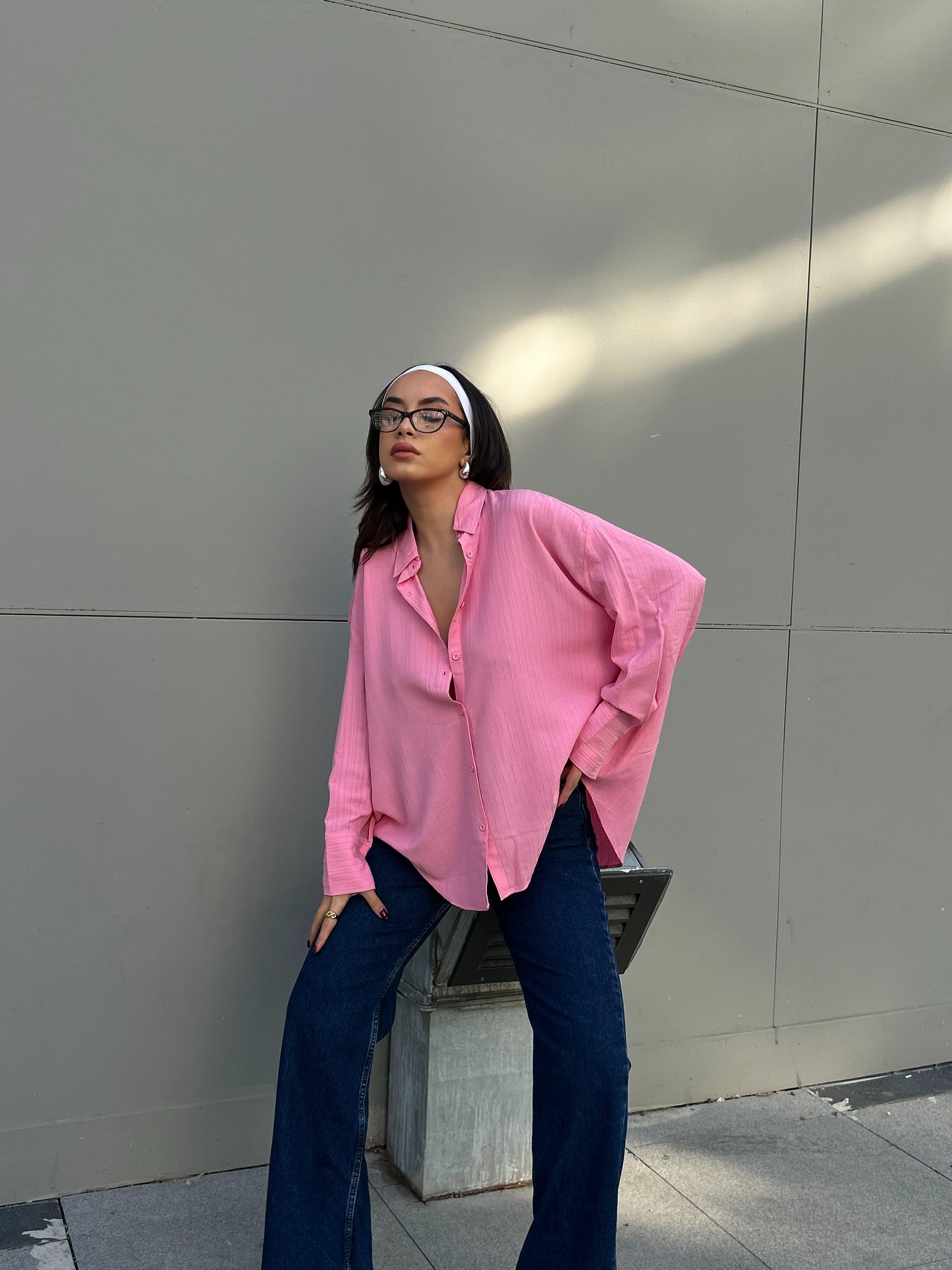 Pembe Oversize Geniş Manşetli Kadın Gömlek 27384