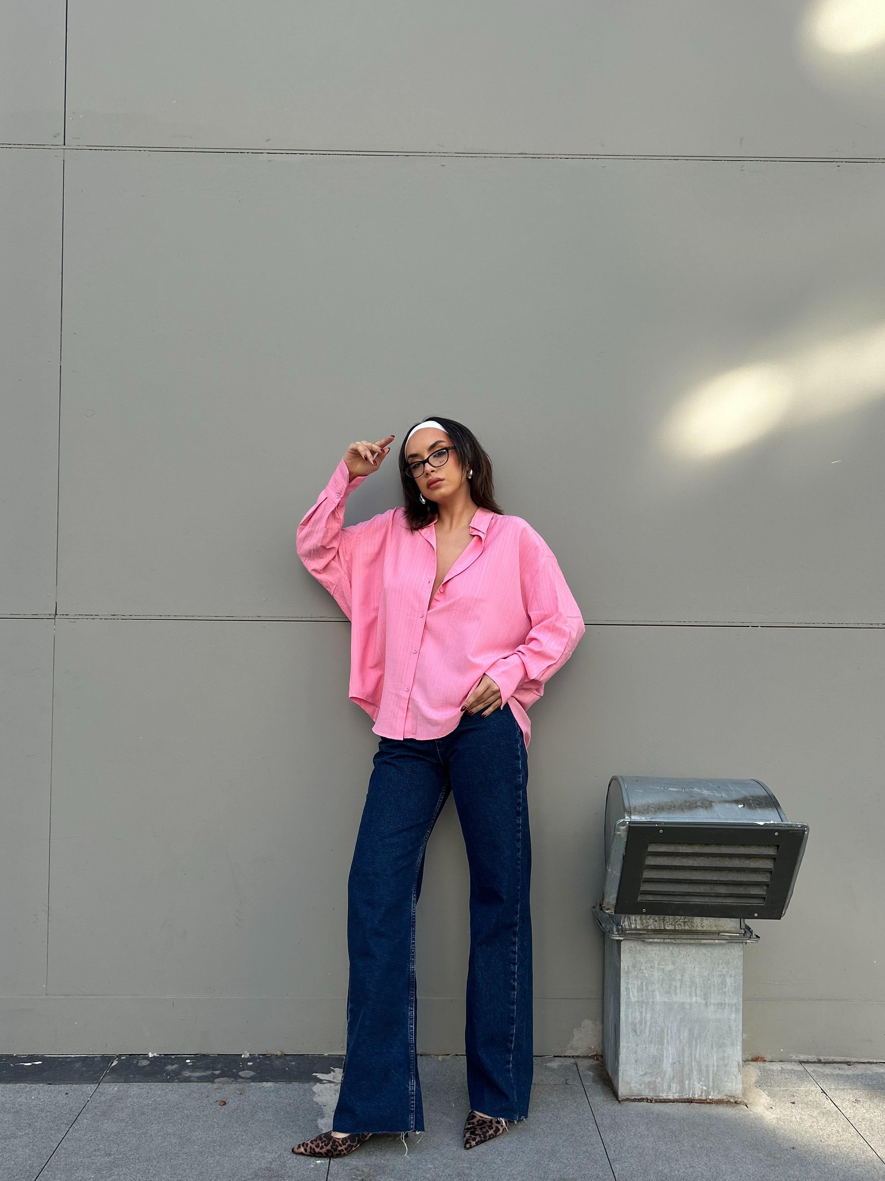 Pembe Oversize Geniş Manşetli Kadın Gömlek 27384