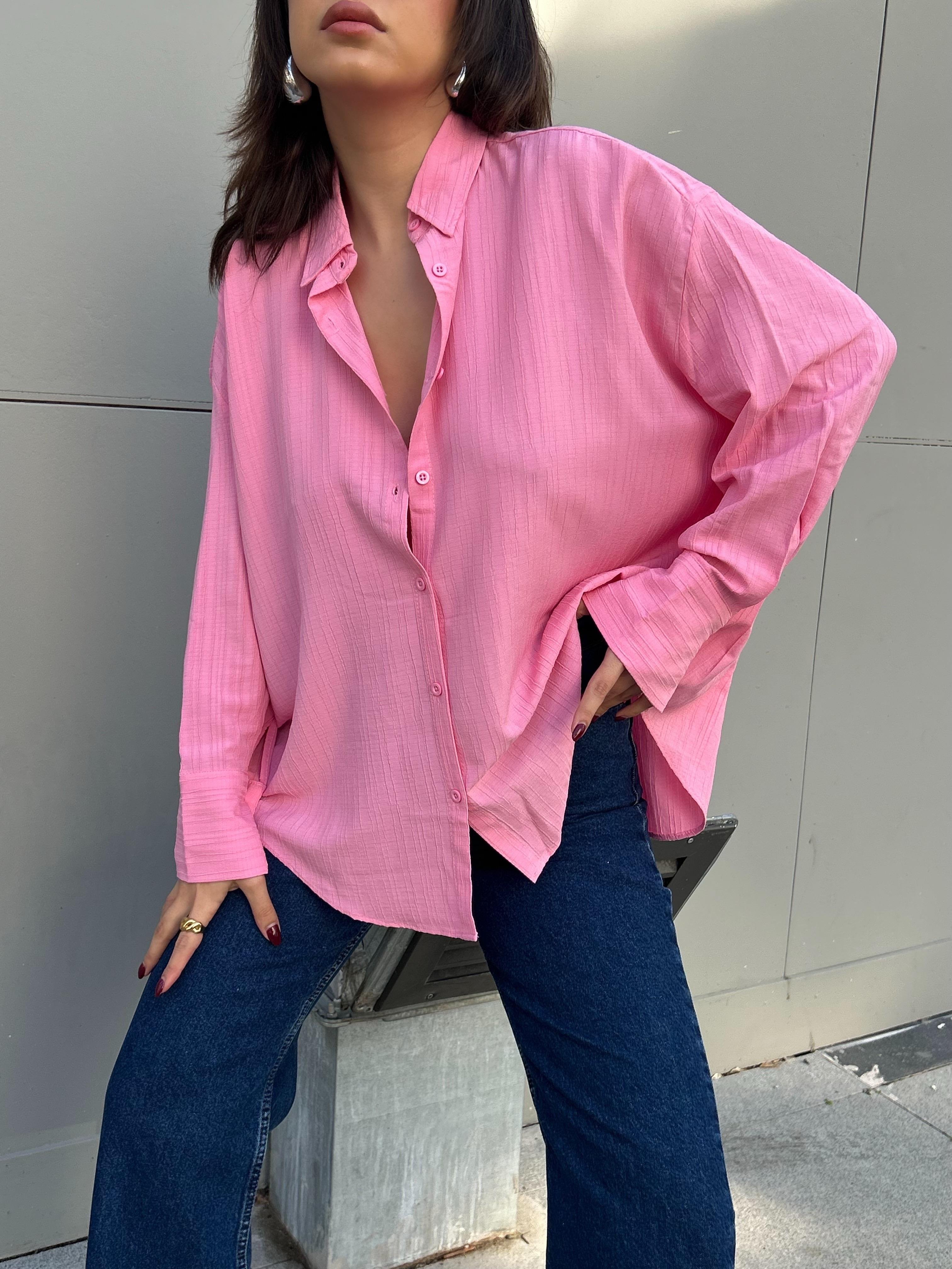 Pembe Oversize Geniş Manşetli Kadın Gömlek 27384