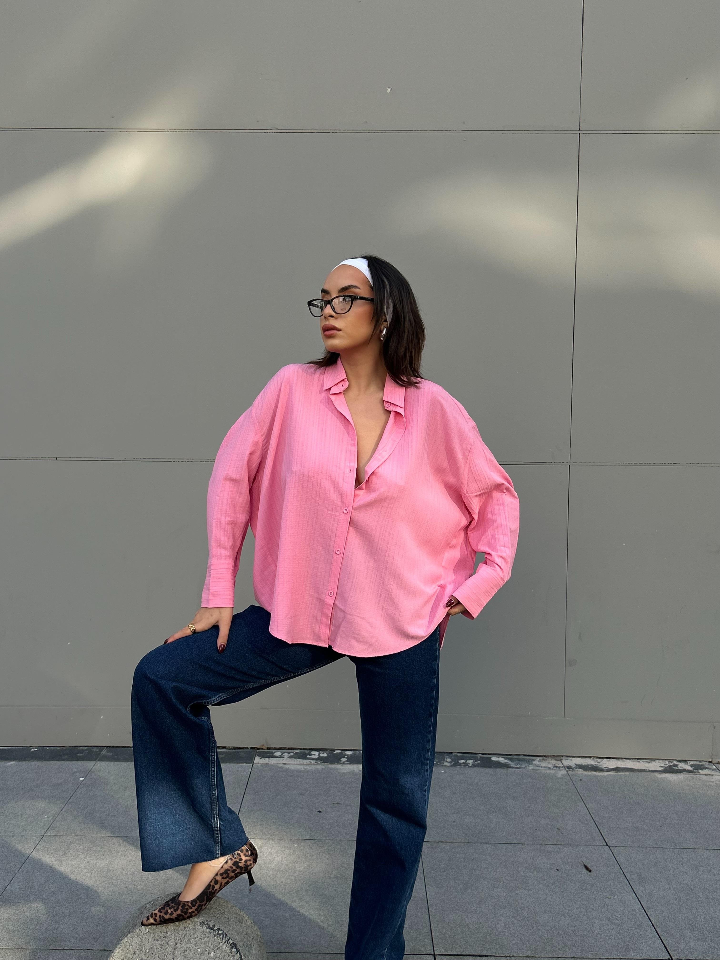 Pembe Oversize Geniş Manşetli Kadın Gömlek 27384