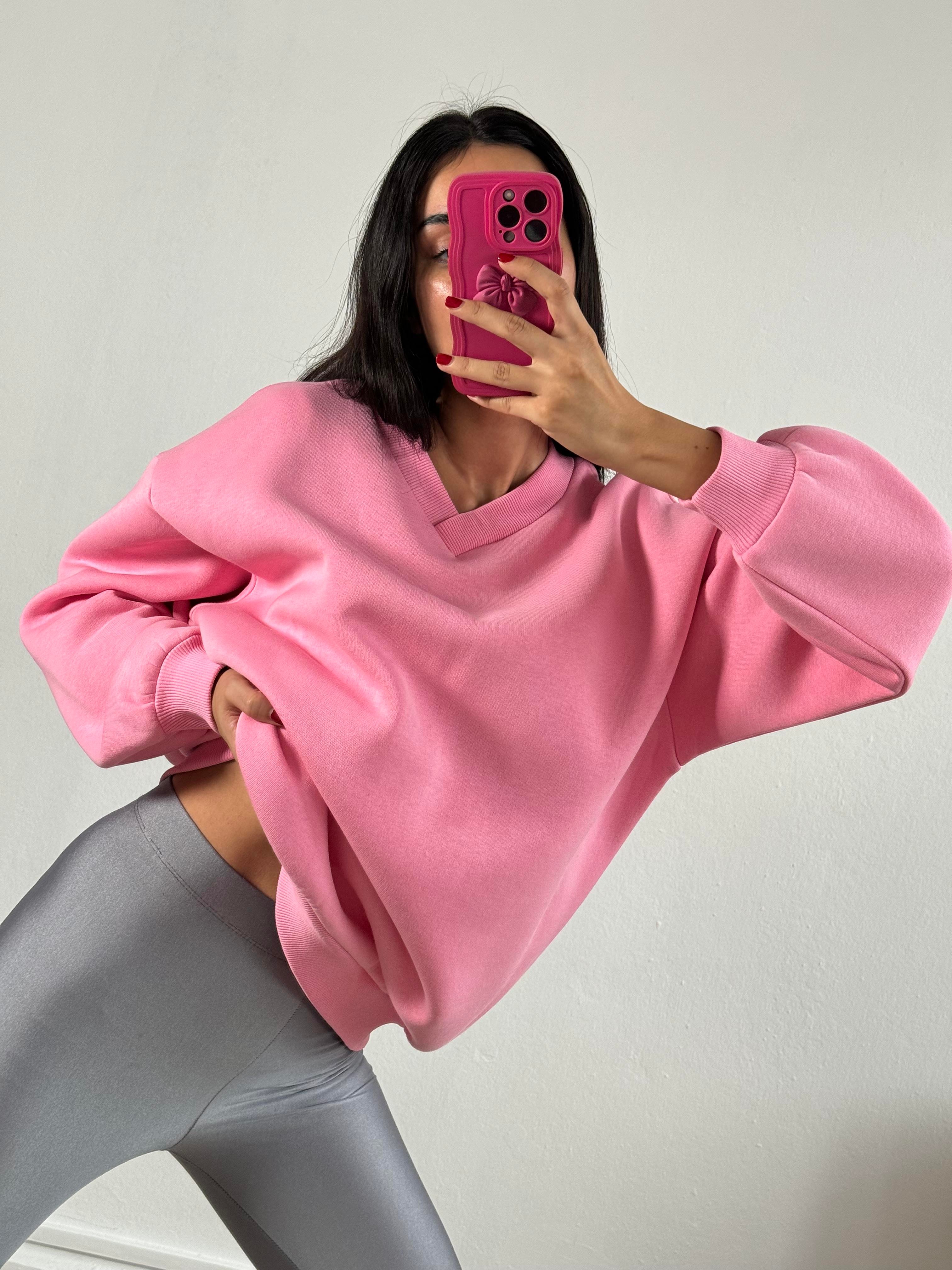 Pembe Şardonlu V Yaka Oversize Basic Sweatshirt 26287