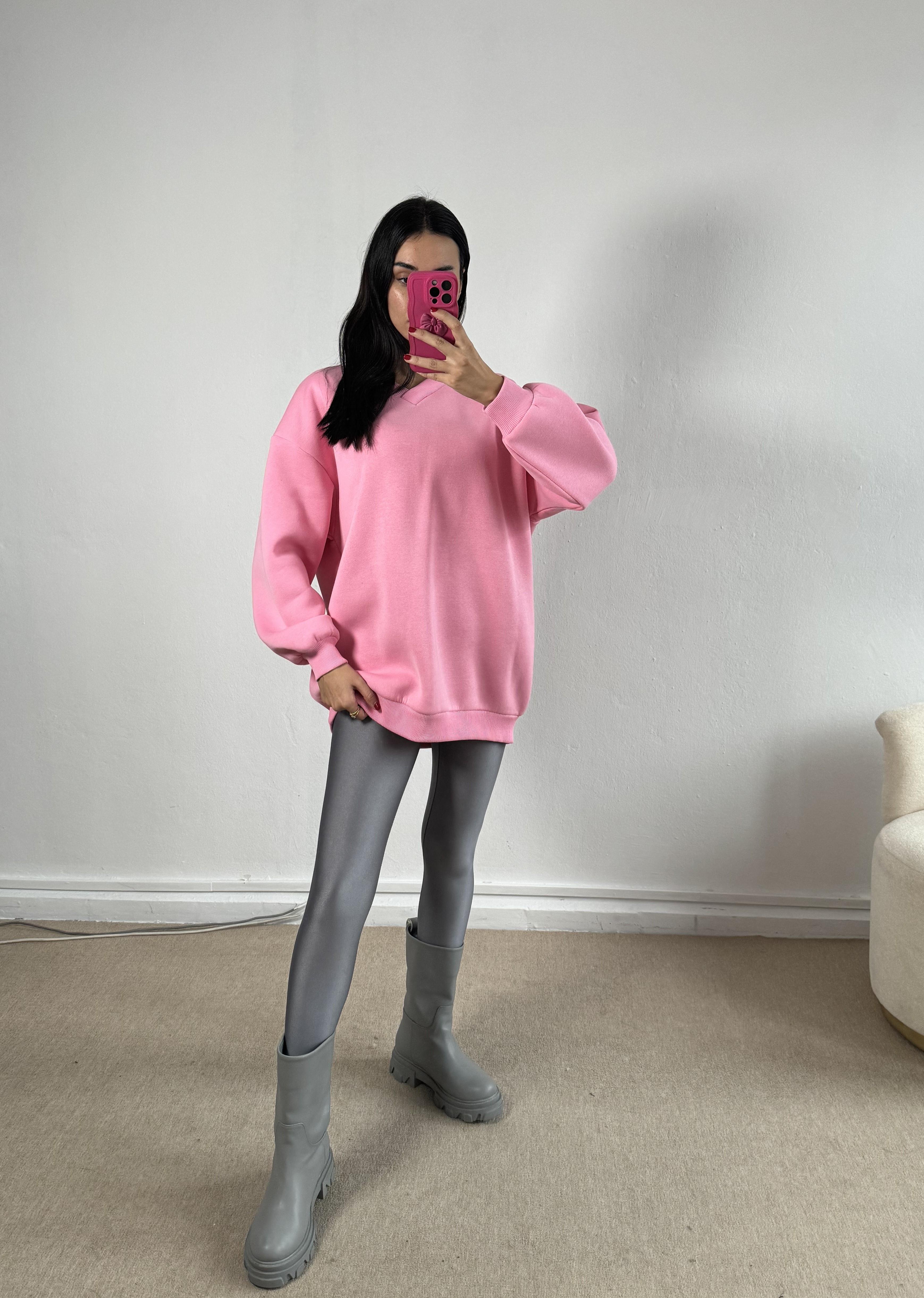 Pembe Şardonlu V Yaka Oversize Basic Sweatshirt 26287