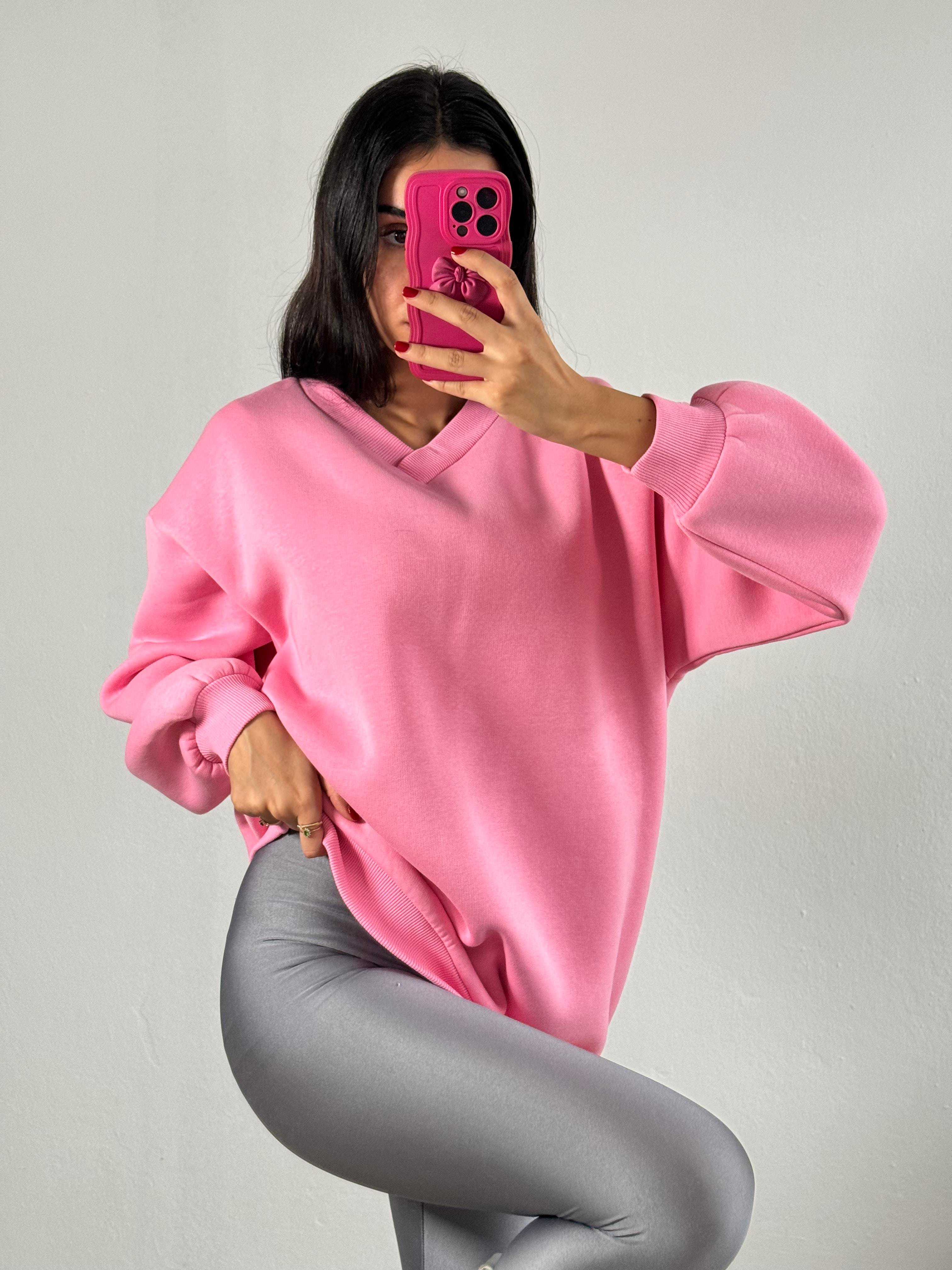 Pembe Şardonlu V Yaka Oversize Basic Sweatshirt 26287