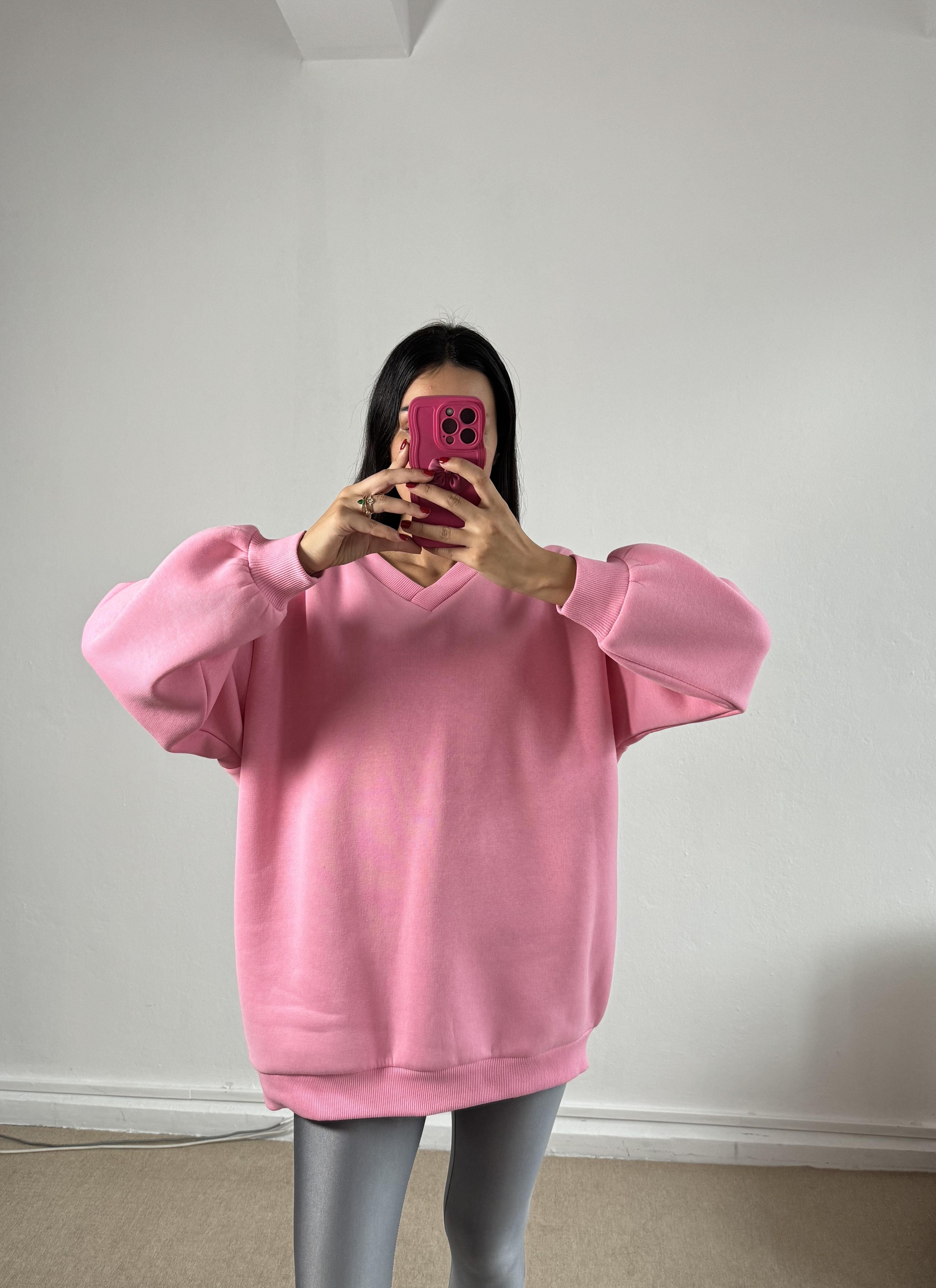 Pembe Şardonlu V Yaka Oversize Basic Sweatshirt 26287