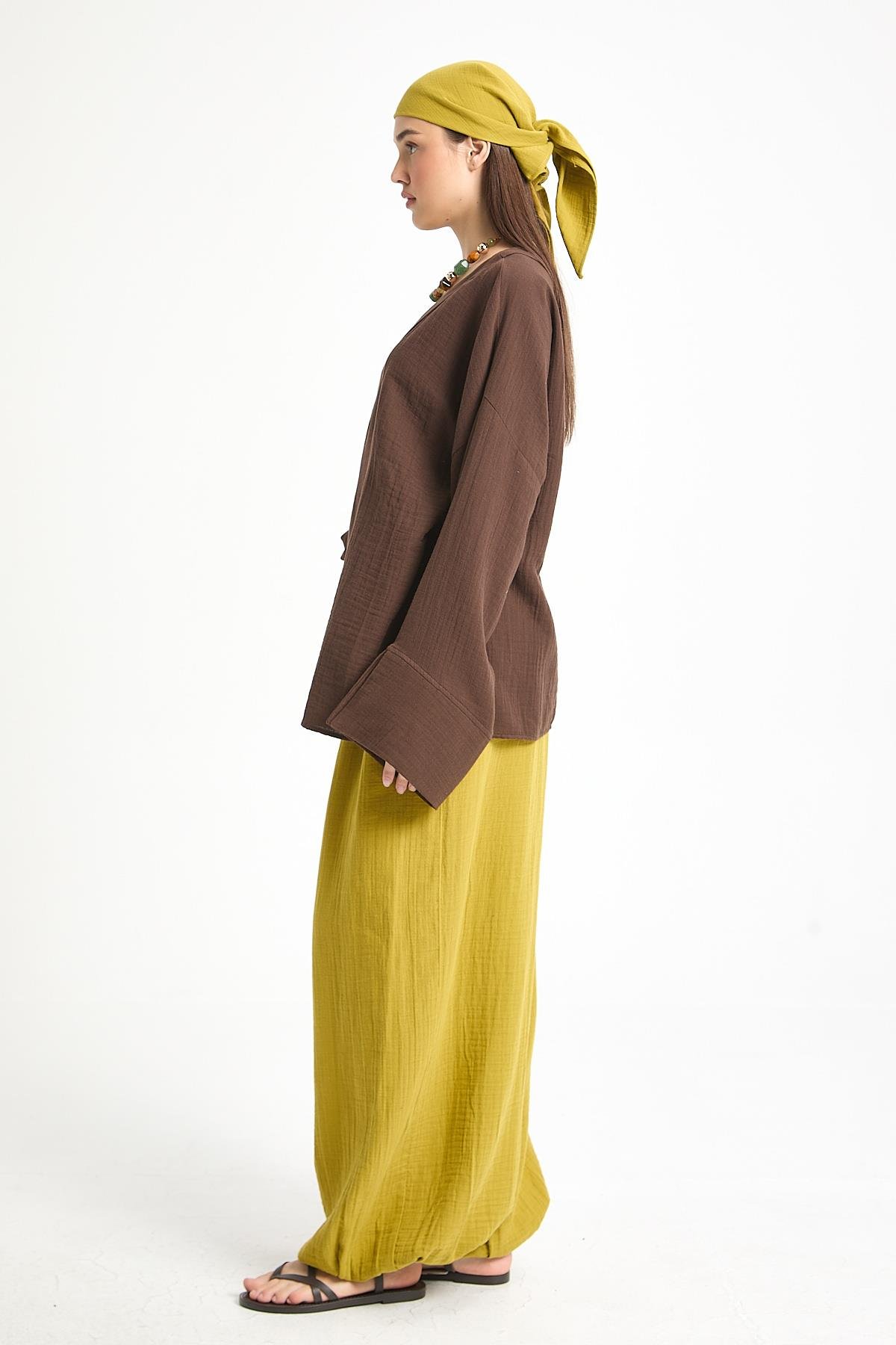 Percy Müslin Pantolon Yağ Yeşili