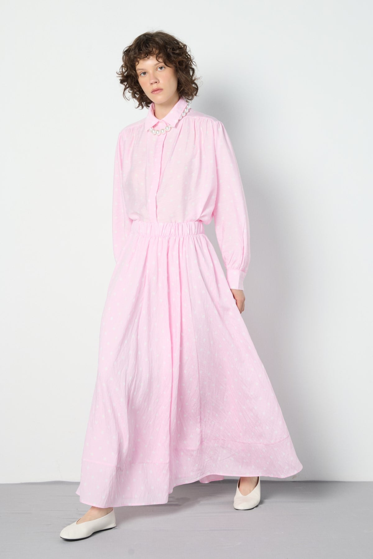 Puantiyeli Büzgülü Bluz Pembe