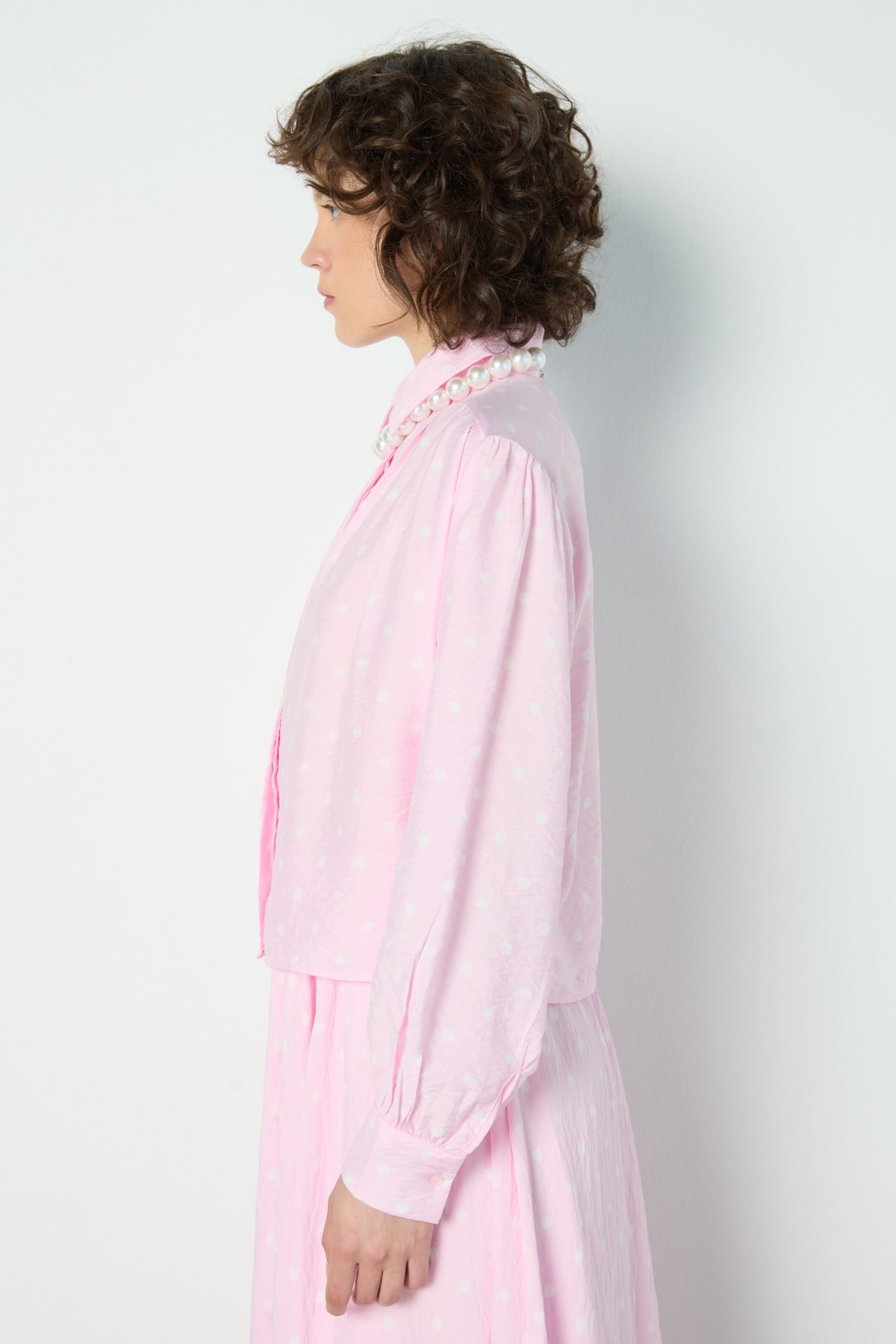 Puantiyeli Büzgülü Bluz Pembe