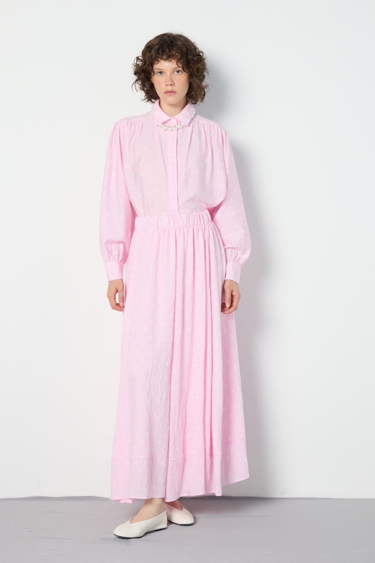 Puantiyeli Büzgülü Bluz Pembe