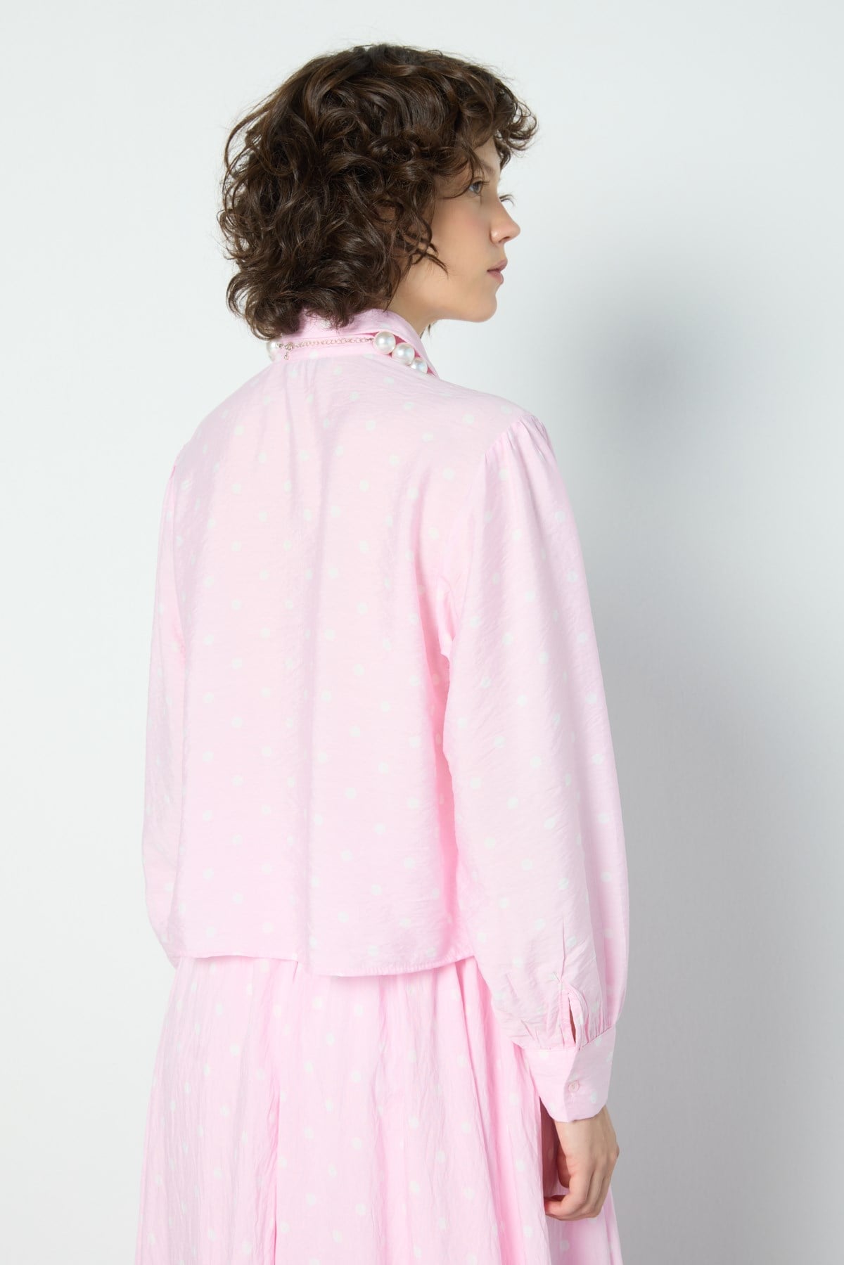 Puantiyeli Büzgülü Bluz Pembe