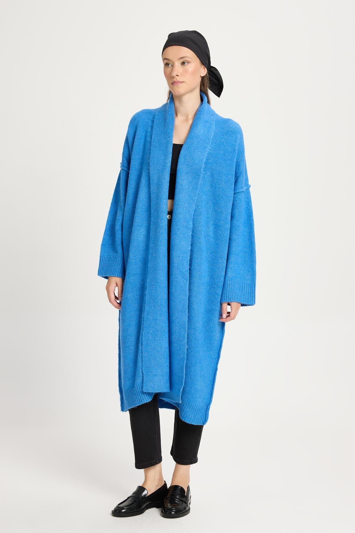 Saks Pis Dikiş Detaylı Uzun Oversize Yumoş Triko Hırka 26257