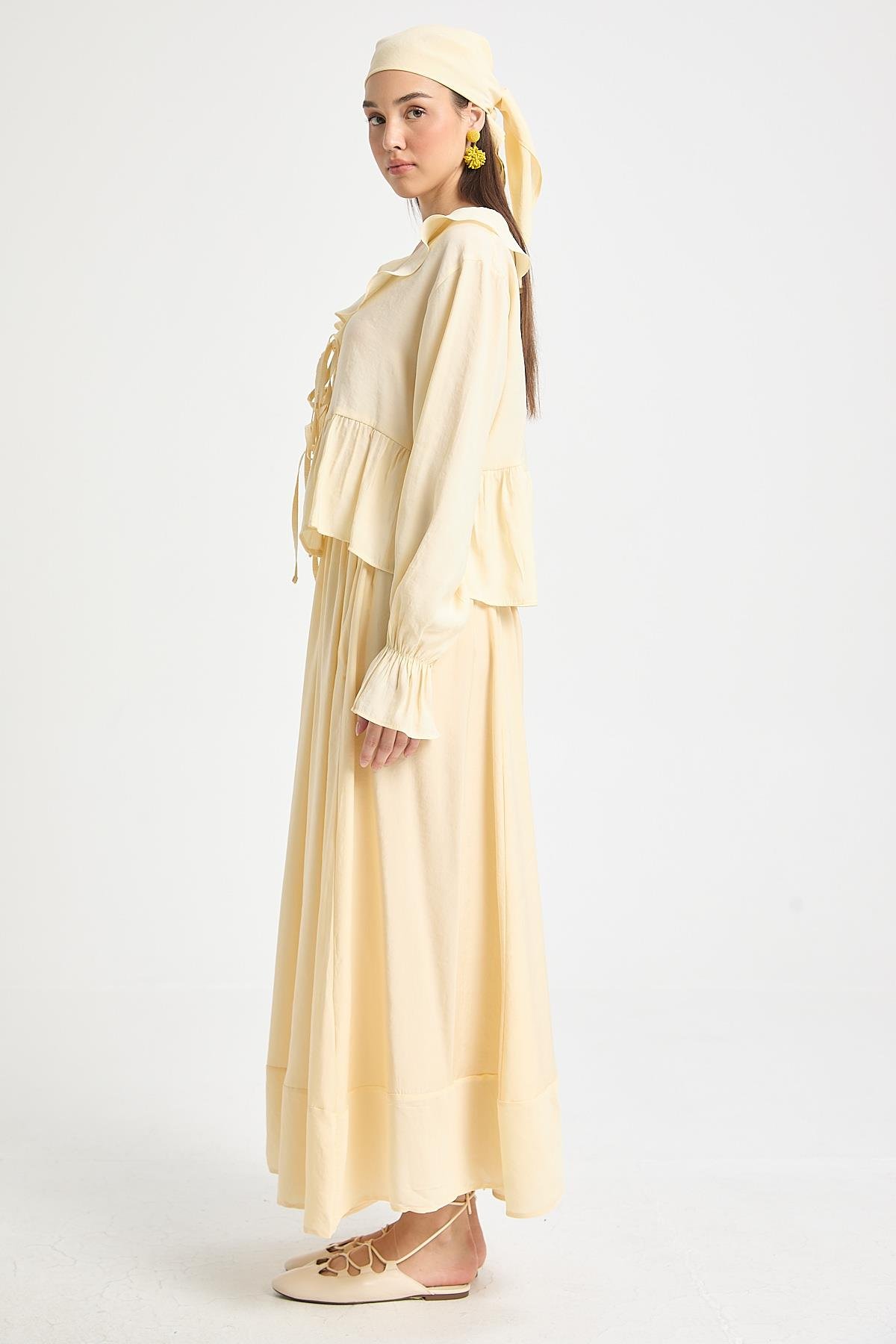 Sarı %100 Modal Fırfır Detaylı Önden Bağlamalı Bluz 29255