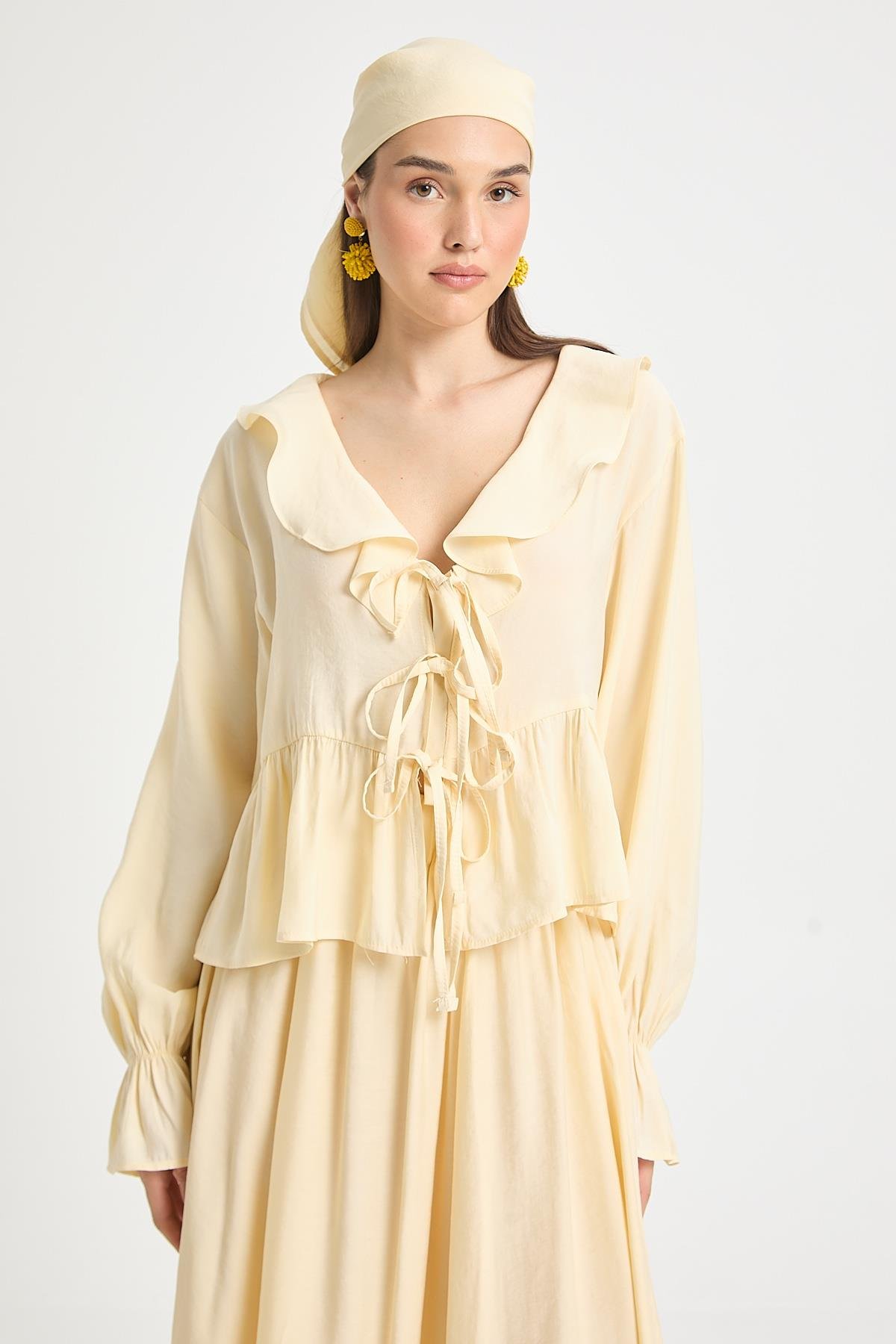 Sarı %100 Modal Fırfır Detaylı Önden Bağlamalı Bluz 29255