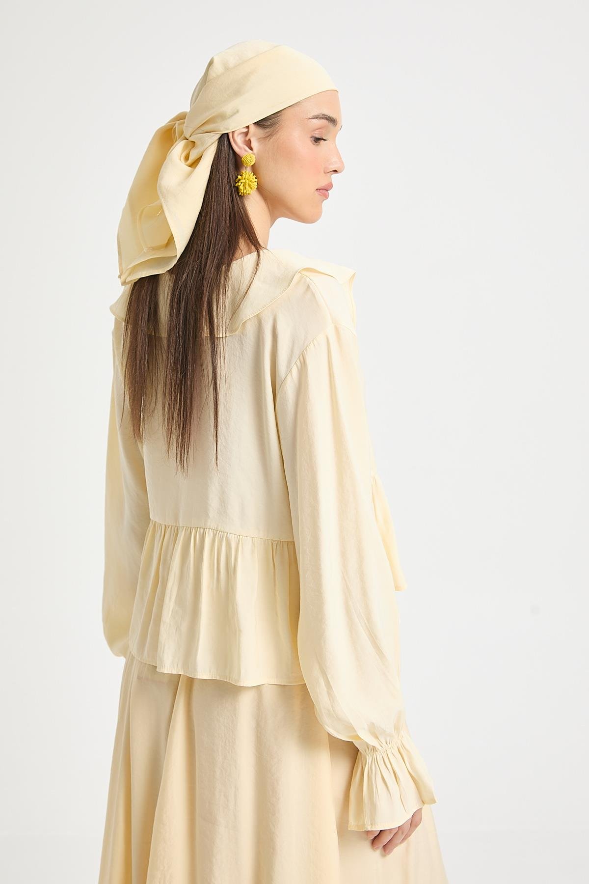 Sarı %100 Modal Fırfır Detaylı Önden Bağlamalı Bluz 29255