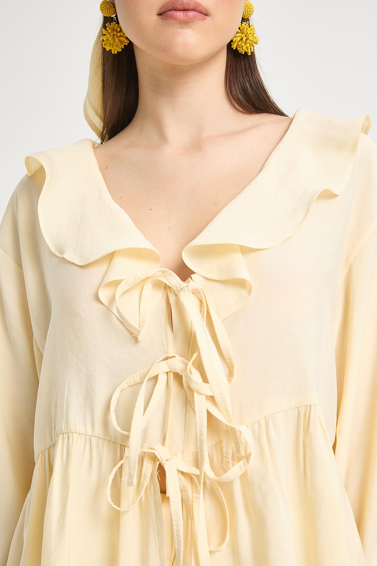 Sarı %100 Modal Fırfır Detaylı Önden Bağlamalı Bluz 29255