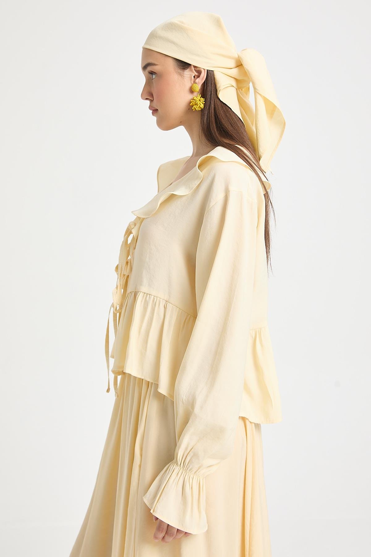 Sarı %100 Modal Fırfır Detaylı Önden Bağlamalı Bluz 29255