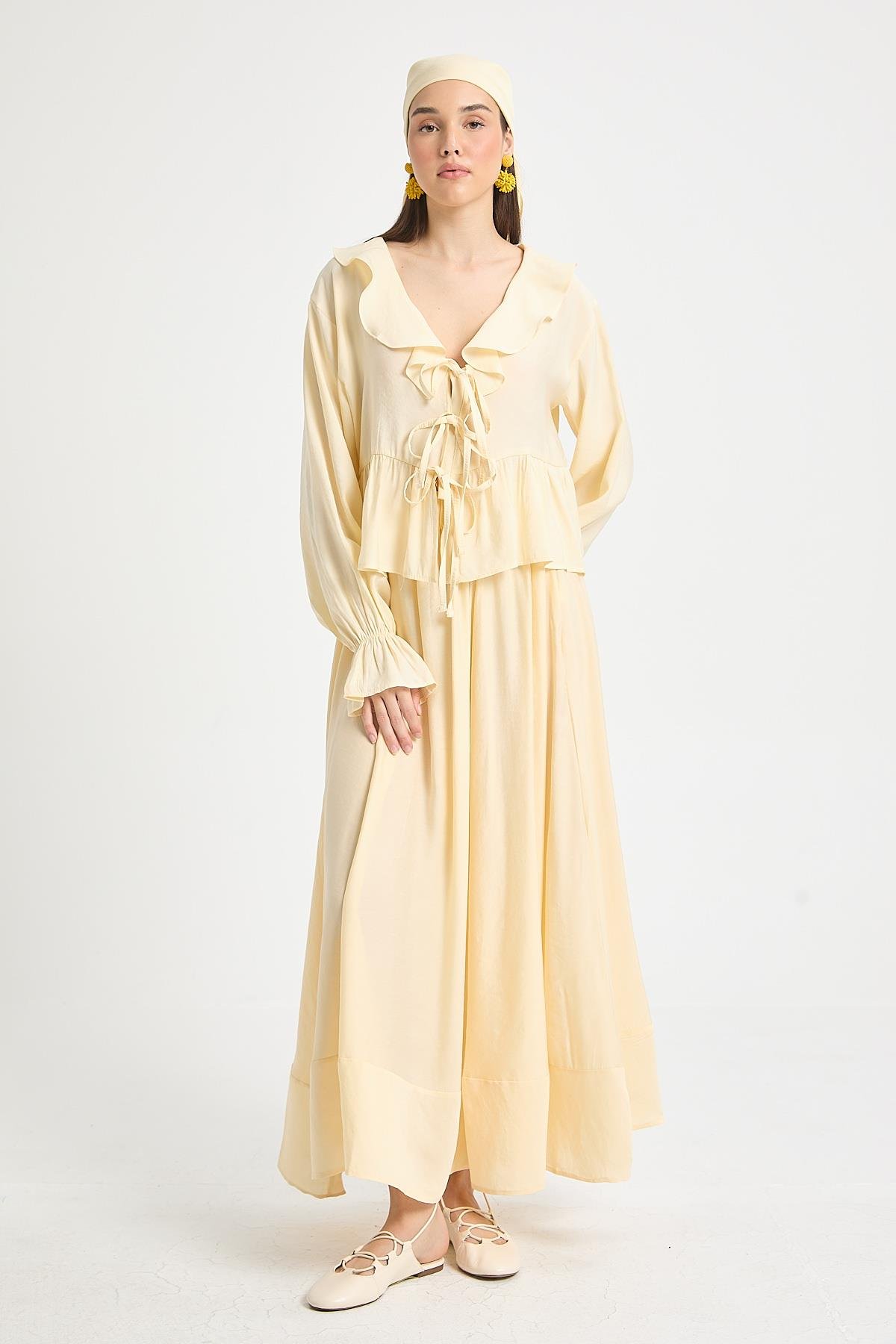 Sarı %100 Modal Fırfır Detaylı Önden Bağlamalı Bluz 29255