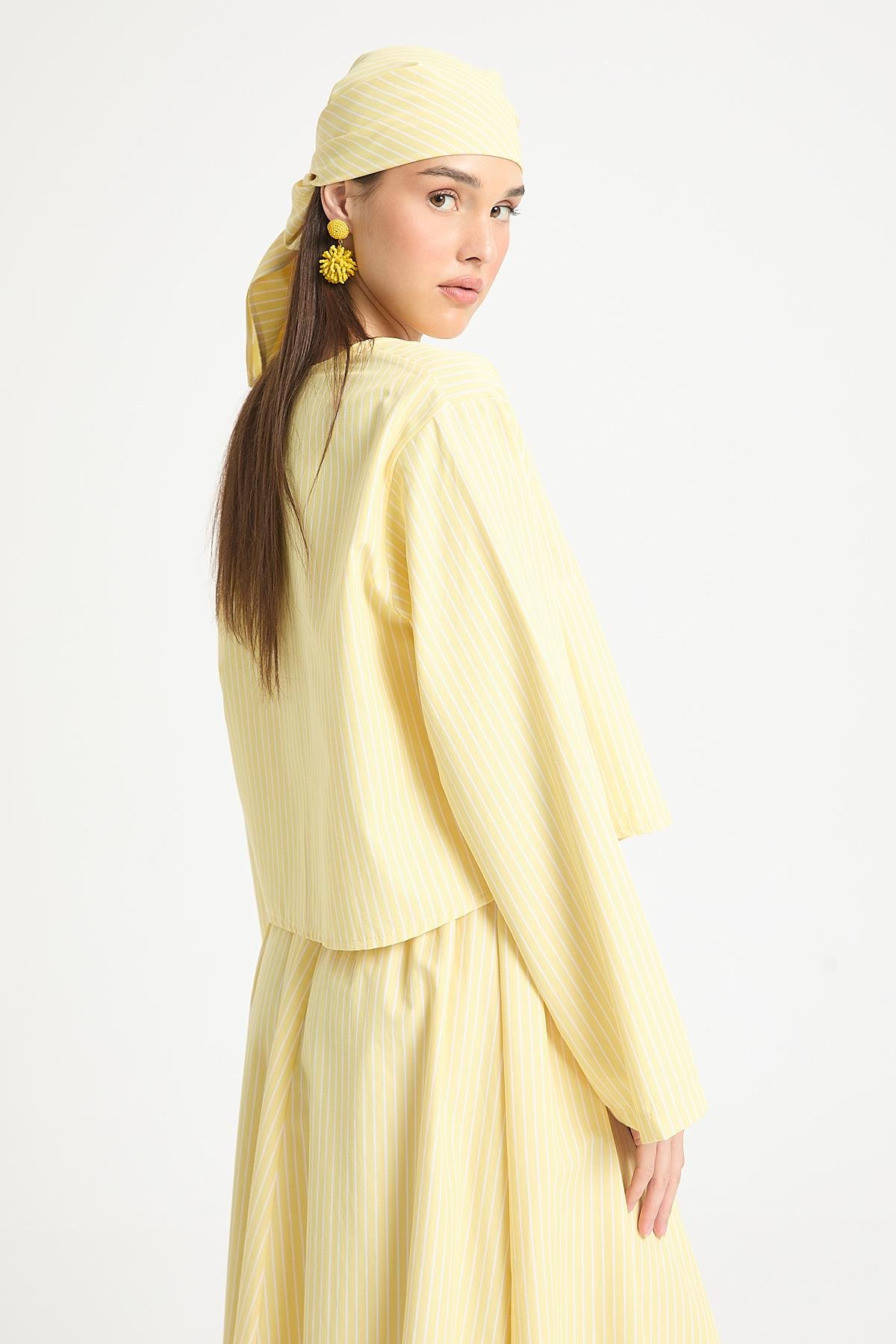 Sarı Çizgili Poplin Kumaş Önden Bağlamalı Bluz 29276