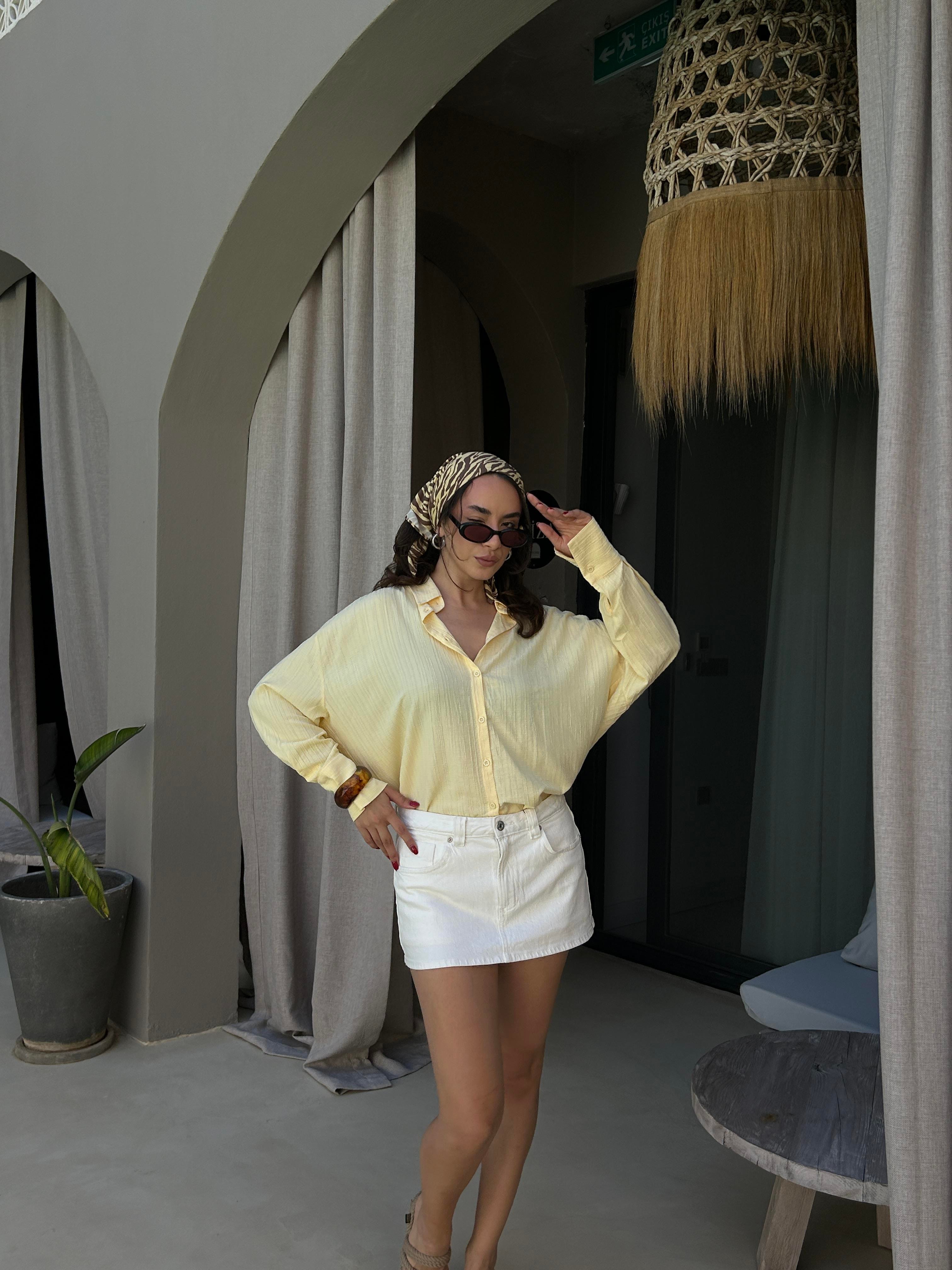 Sarı Oversize Geniş Manşetli Kadın Gömlek 27384