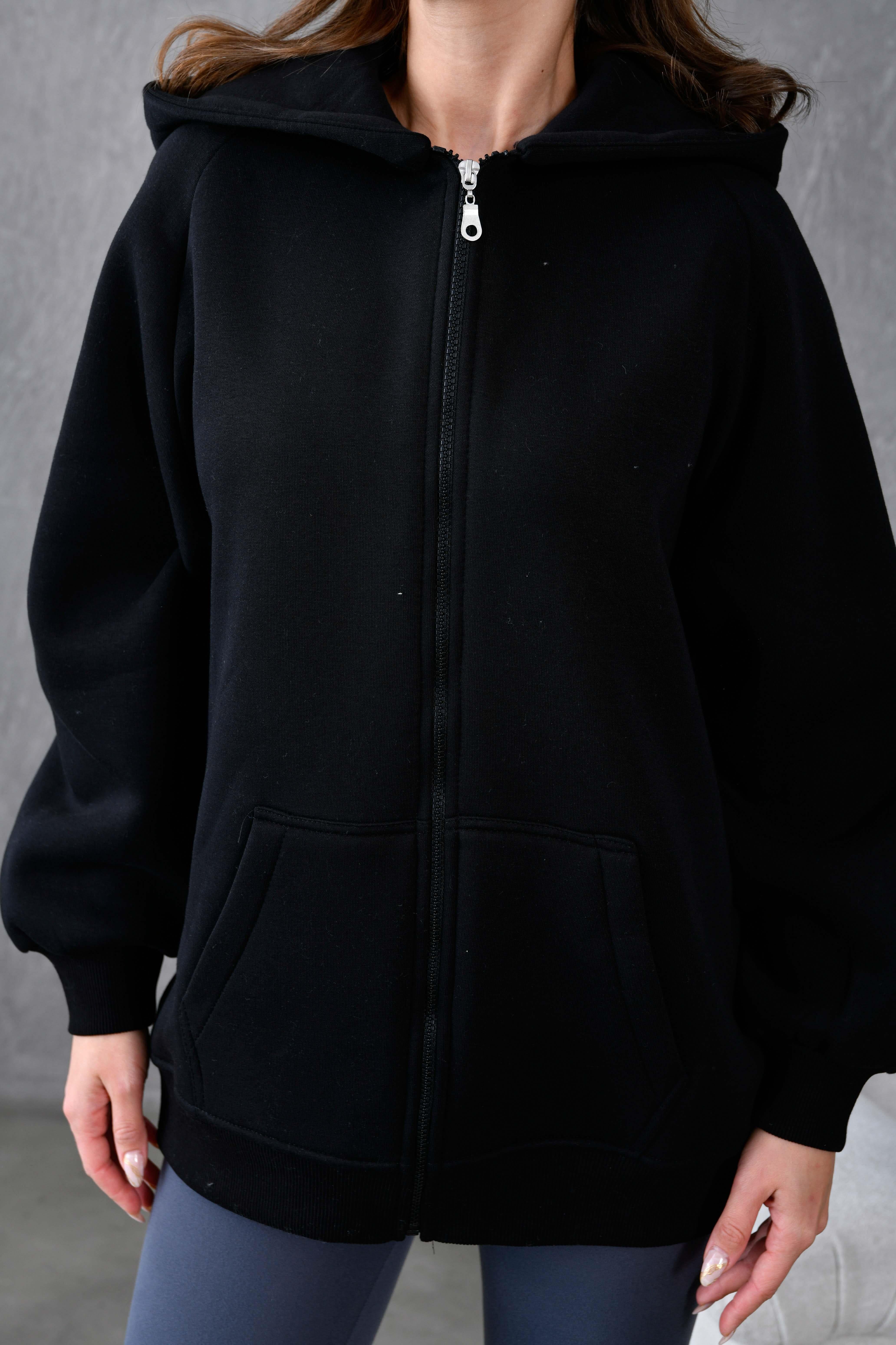 Siyah Fermuarlı Kapüşonlu Unisex Şardonlu Oversize Sweatshirt 28217