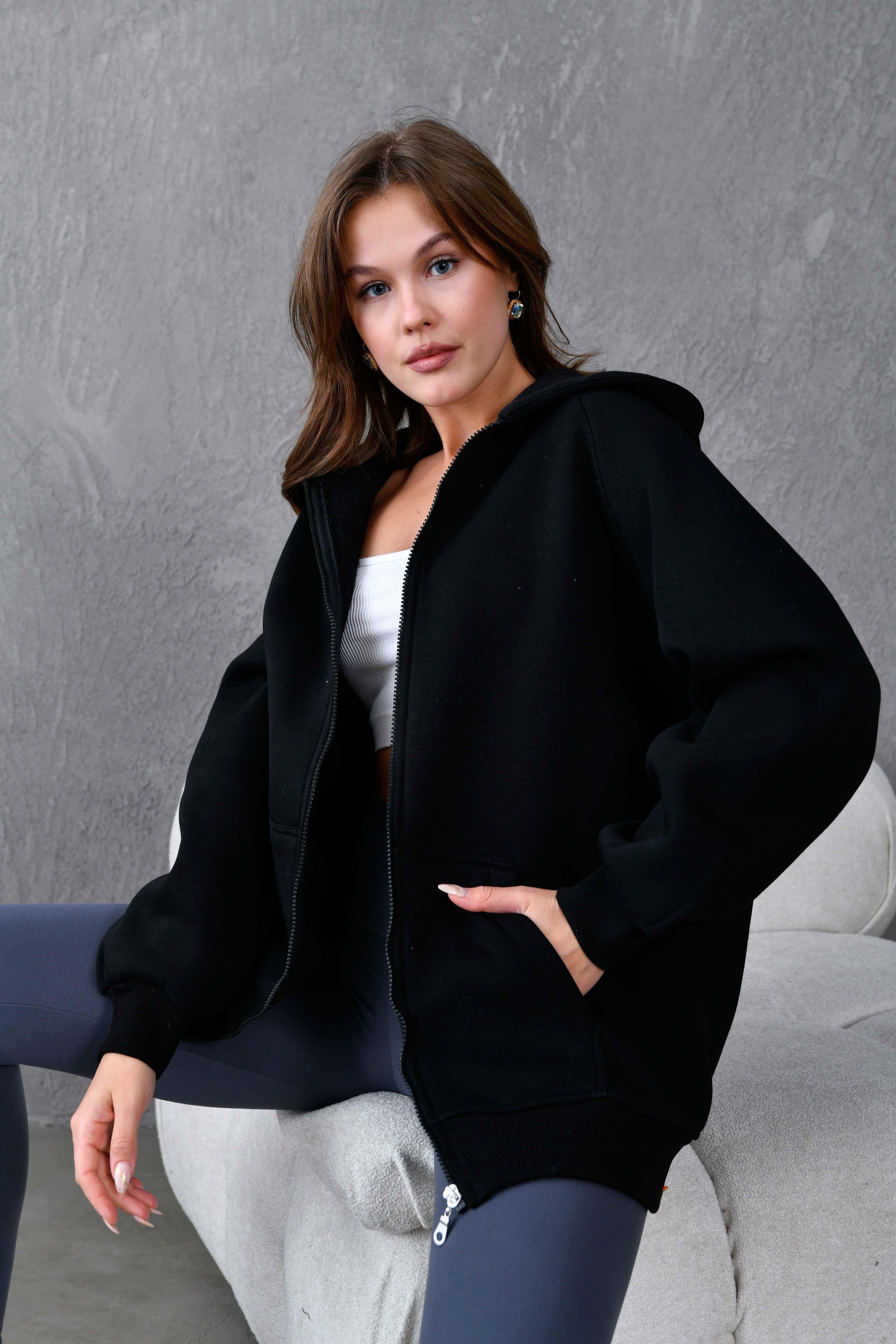 Siyah Fermuarlı Kapüşonlu Unisex Şardonlu Oversize Sweatshirt 28217