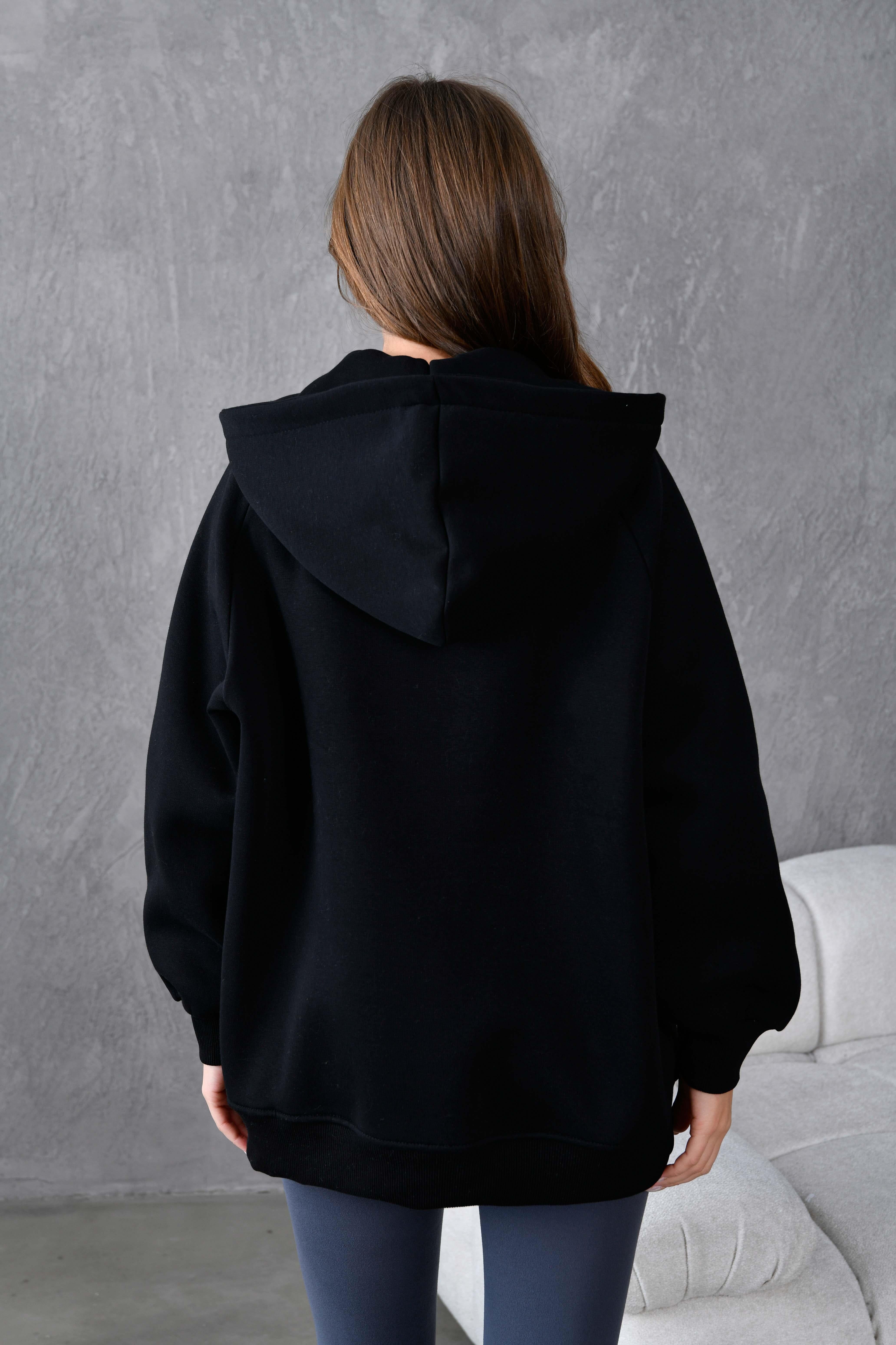 Siyah Fermuarlı Kapüşonlu Unisex Şardonlu Oversize Sweatshirt 28217
