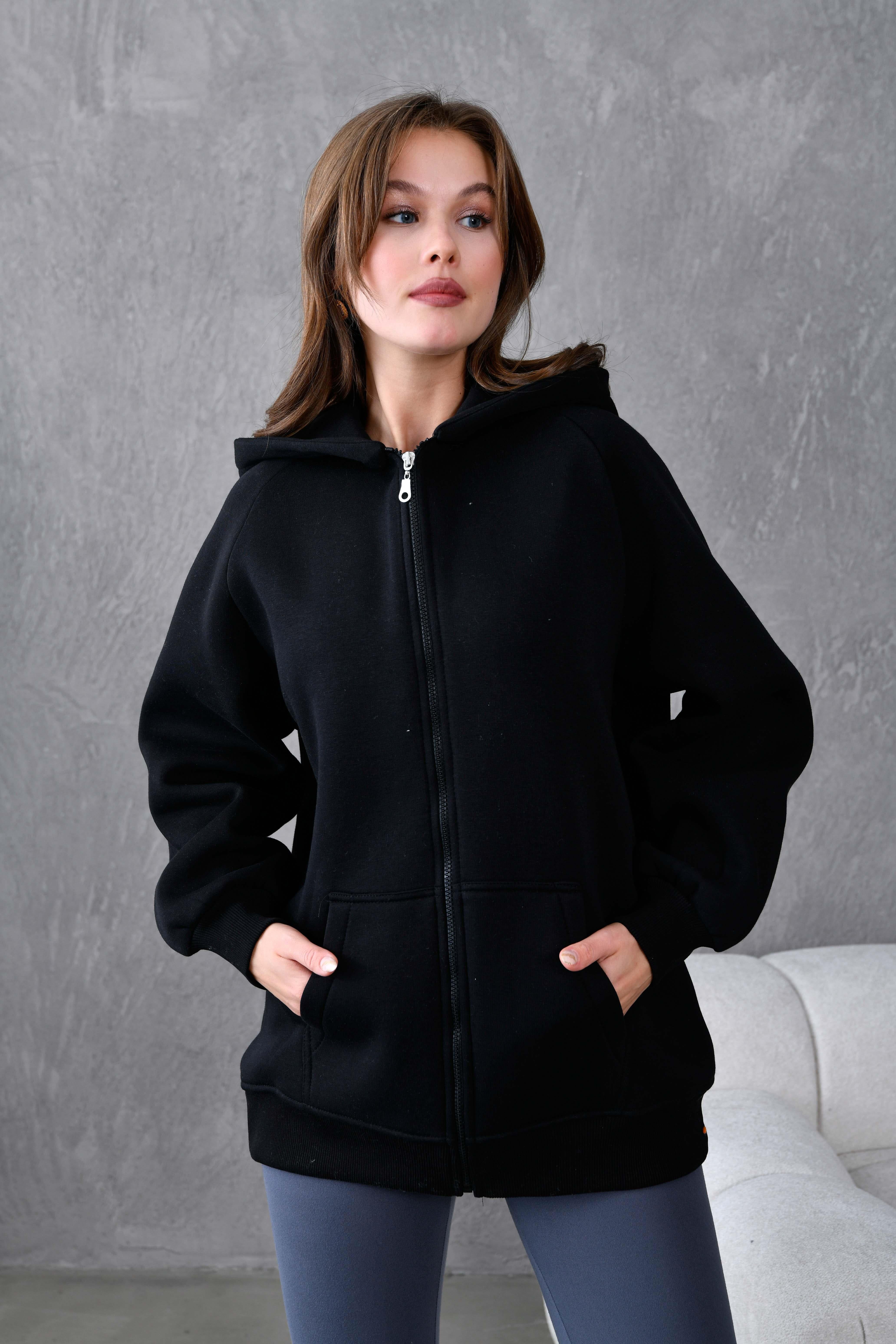 Siyah Fermuarlı Kapüşonlu Unisex Şardonlu Oversize Sweatshirt 28217