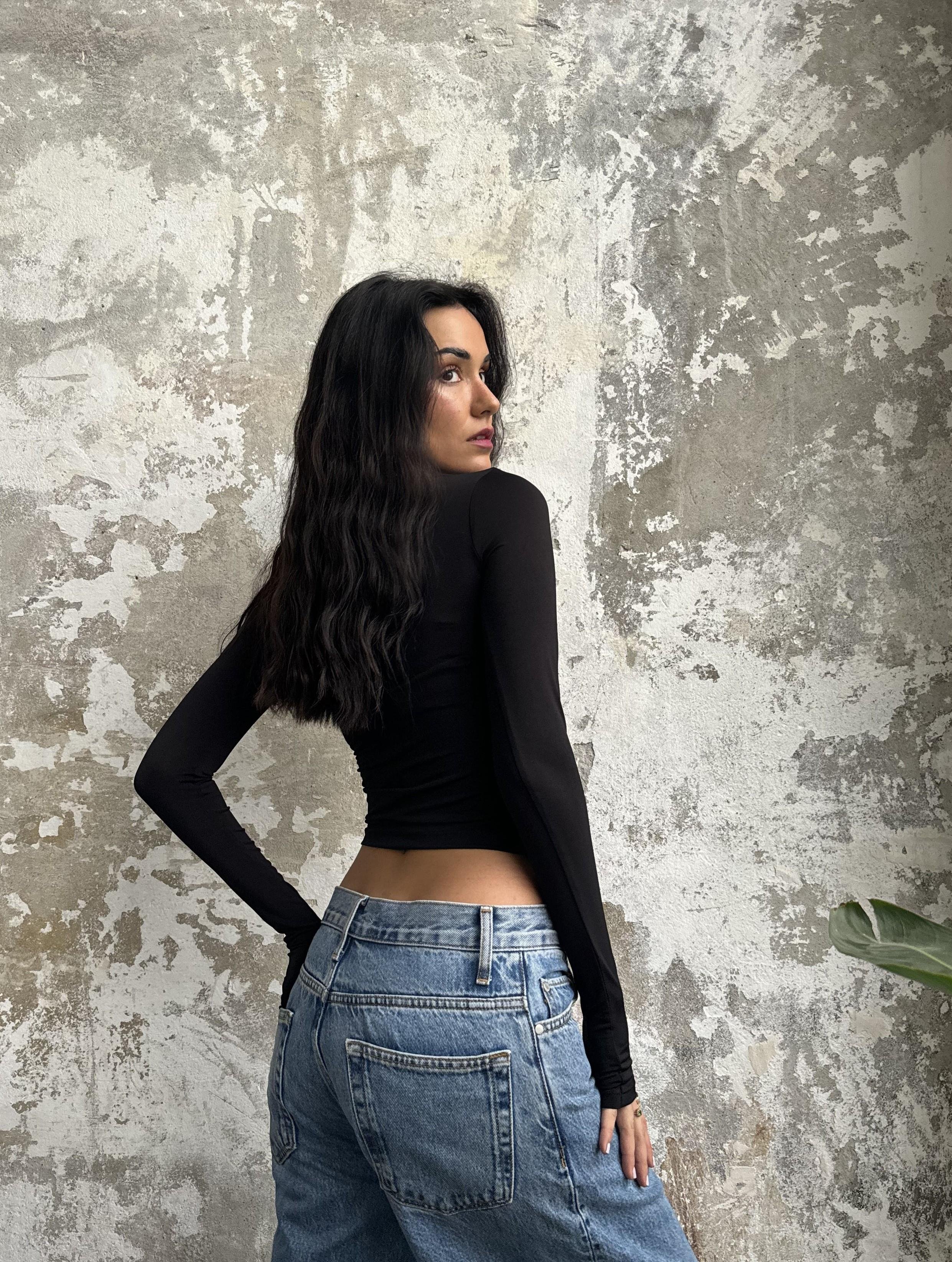 Siyah Kare Yaka Uzun Kollu Slimfit Basic Body 27053