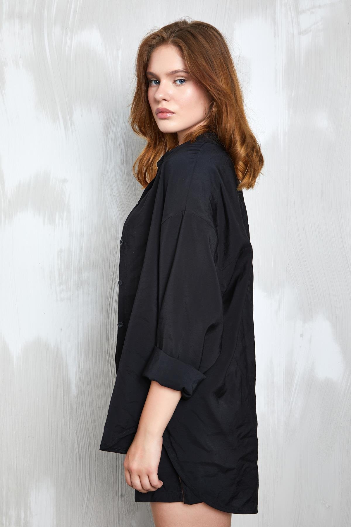 Siyah Modal Kumaş Oversize Gömlek/Şort Alt-Üst Takım 27376