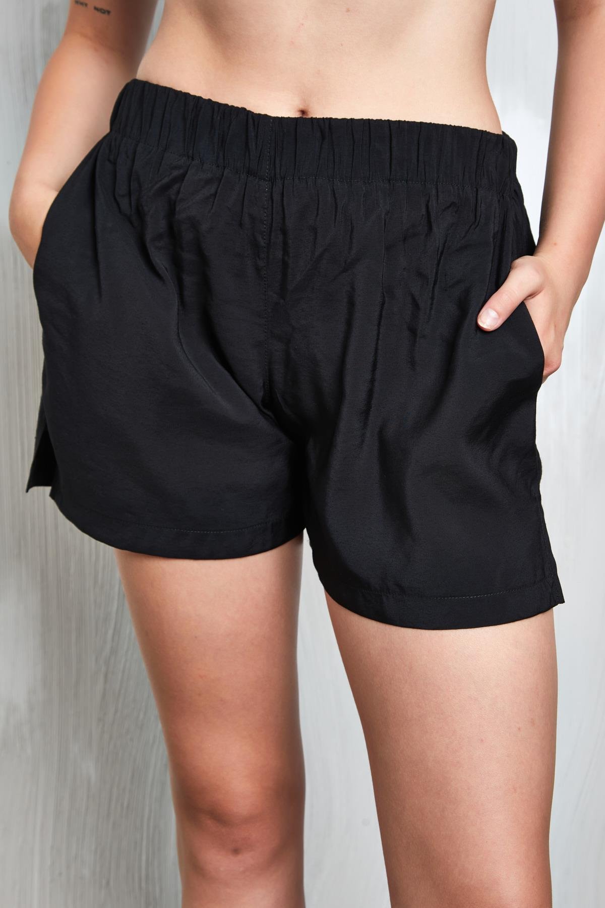 Siyah Modal Kumaş Oversize Gömlek/Şort Alt-Üst Takım 27376
