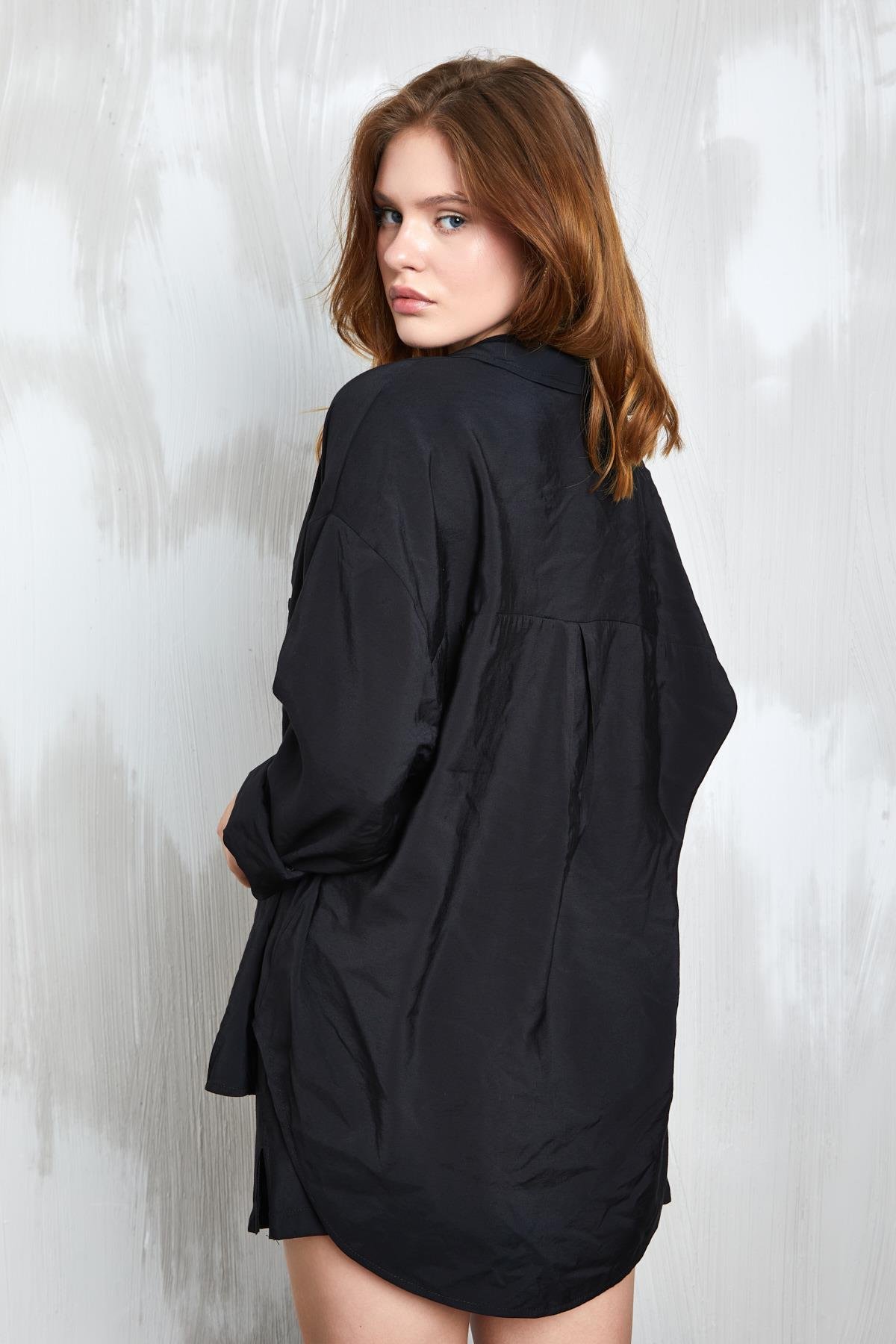 Siyah Modal Kumaş Oversize Gömlek/Şort Alt-Üst Takım 27376