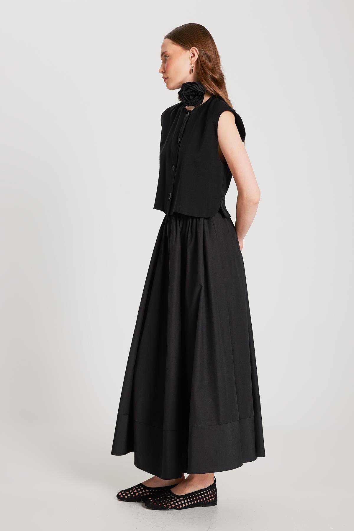 Siyah Poplin Beli Lastikli Uzun Etek 27321