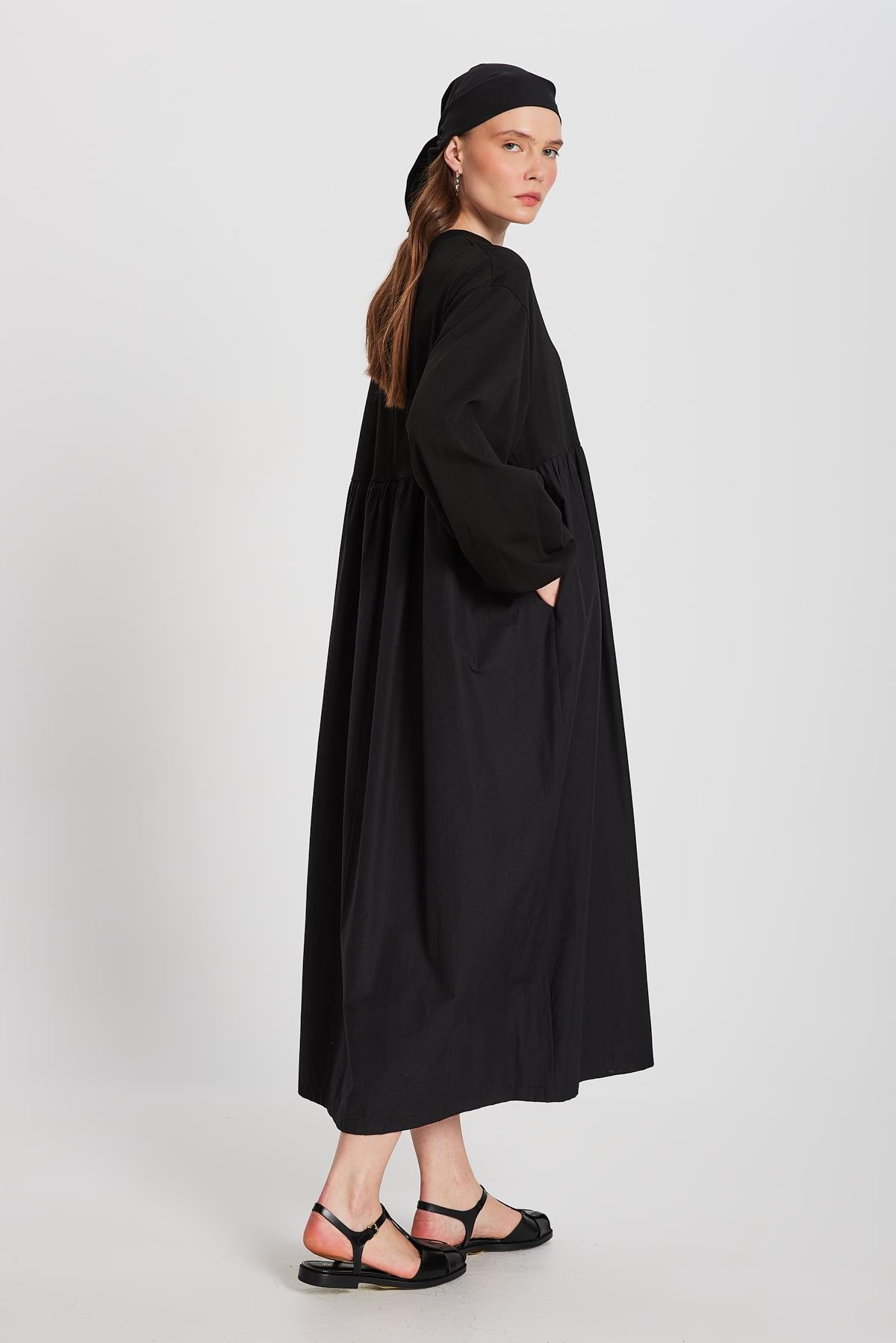 Siyah Üstü Penye Altı Dokuma Oversize Uzun Kollu Uzun Elbise 28169