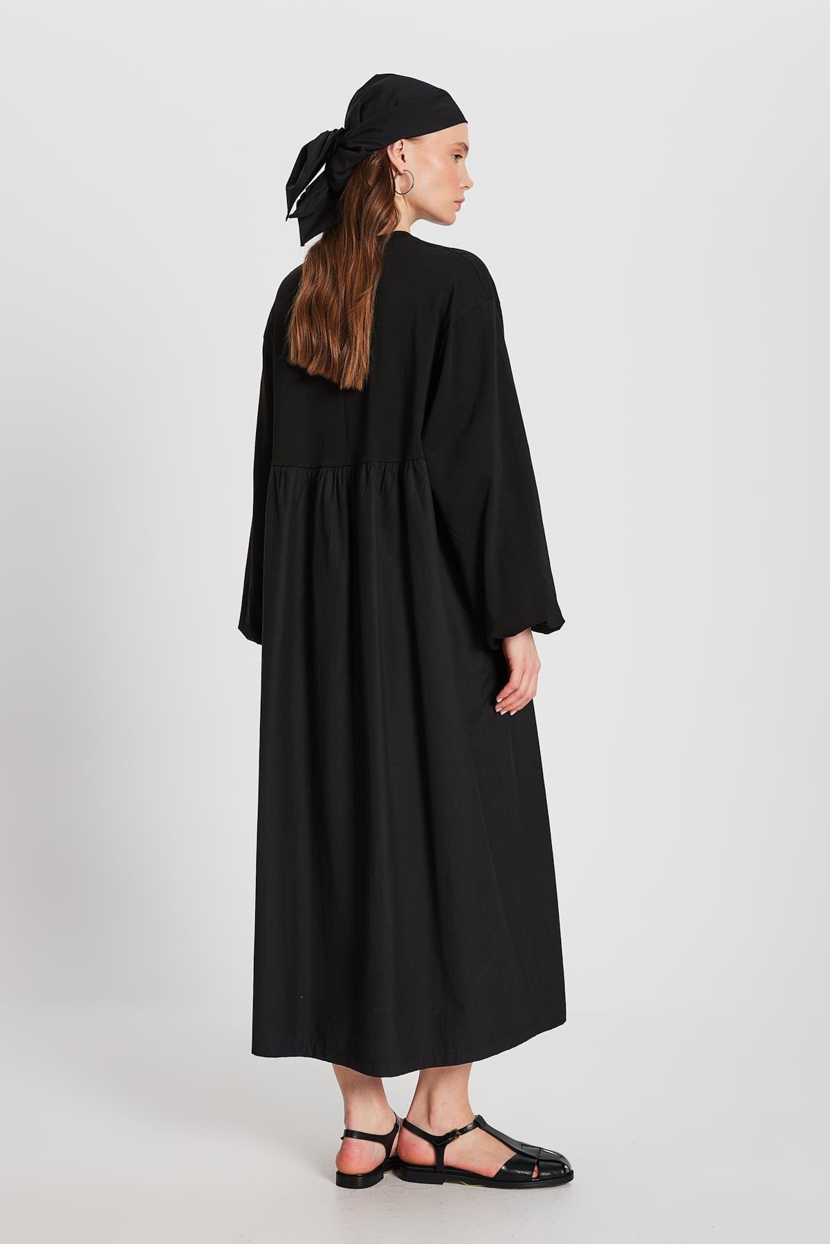 Siyah Üstü Penye Altı Dokuma Oversize Uzun Kollu Uzun Elbise 28169