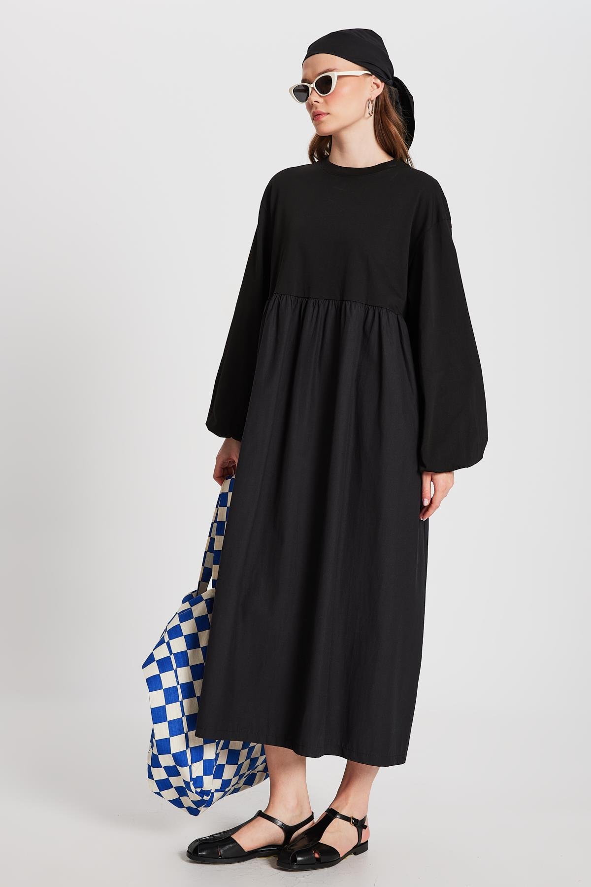 Siyah Üstü Penye Altı Dokuma Oversize Uzun Kollu Uzun Elbise 28169