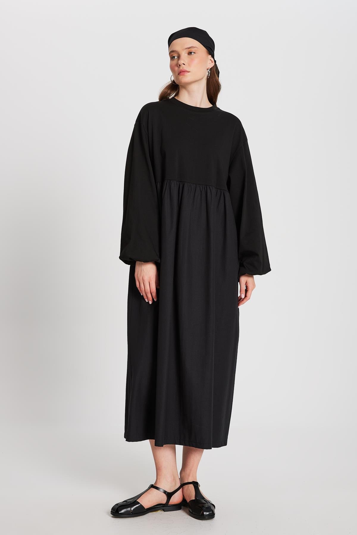 Siyah Üstü Penye Altı Dokuma Oversize Uzun Kollu Uzun Elbise 28169