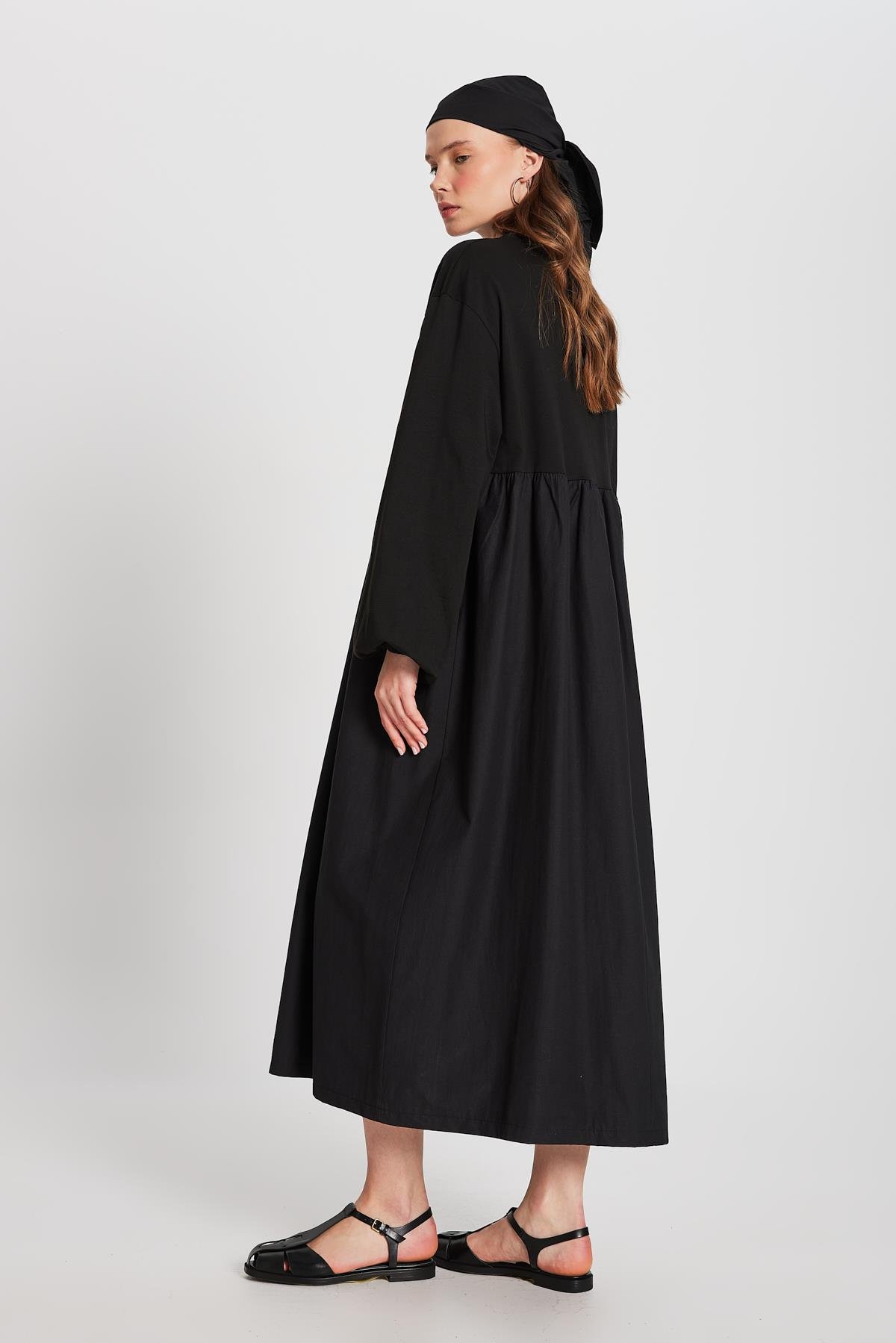 Siyah Üstü Penye Altı Dokuma Oversize Uzun Kollu Uzun Elbise 28169