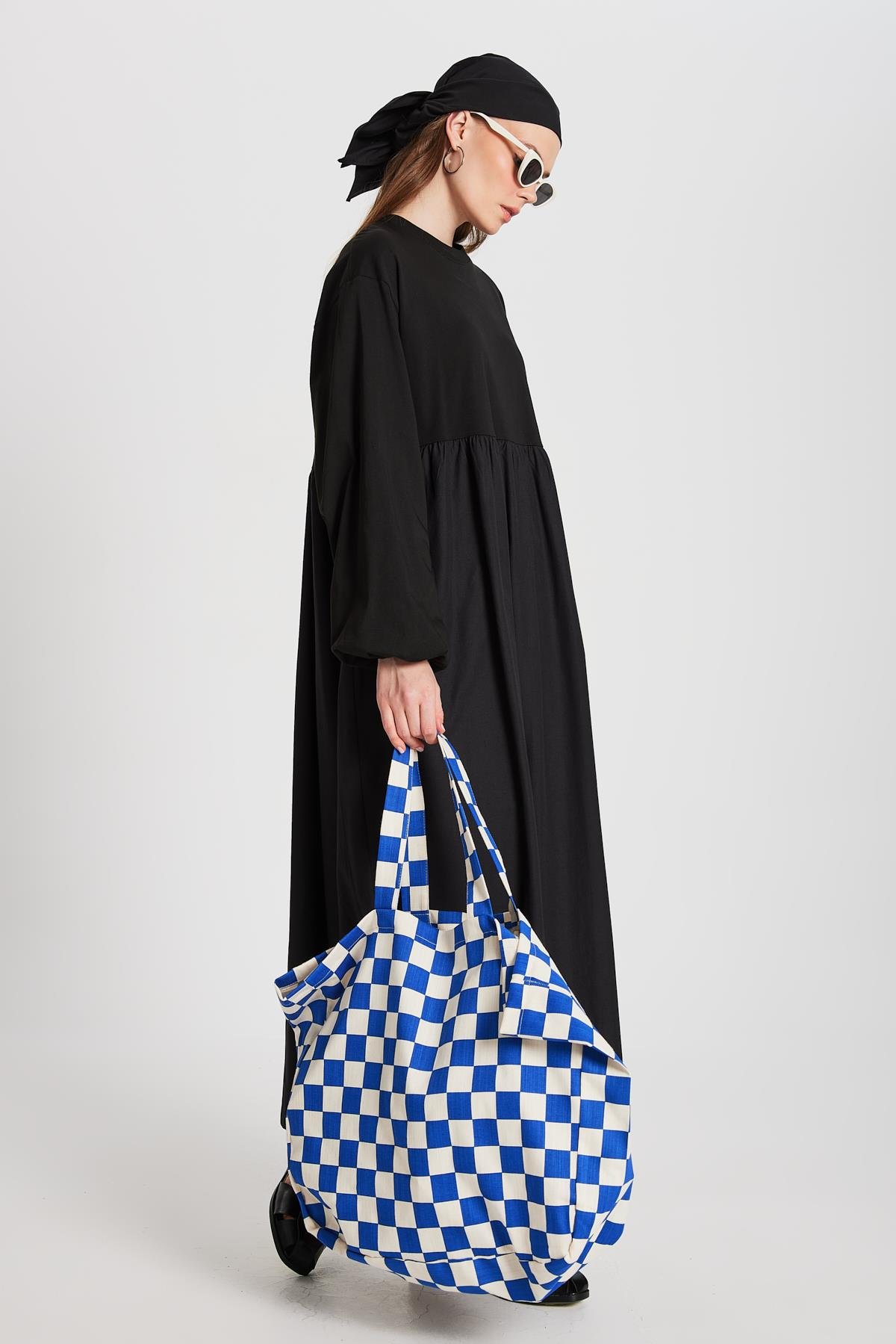 Siyah Üstü Penye Altı Dokuma Oversize Uzun Kollu Uzun Elbise 28169