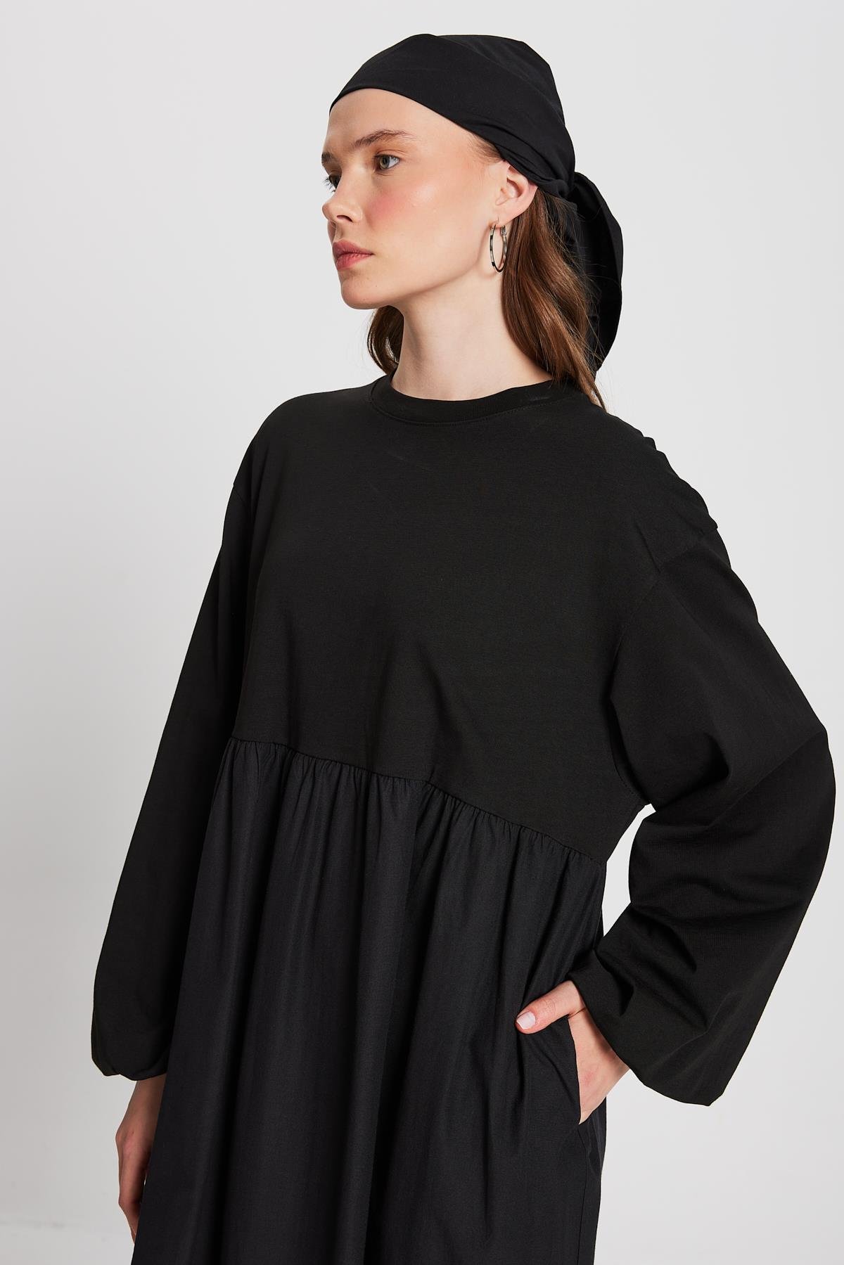 Siyah Üstü Penye Altı Dokuma Oversize Uzun Kollu Uzun Elbise 28169