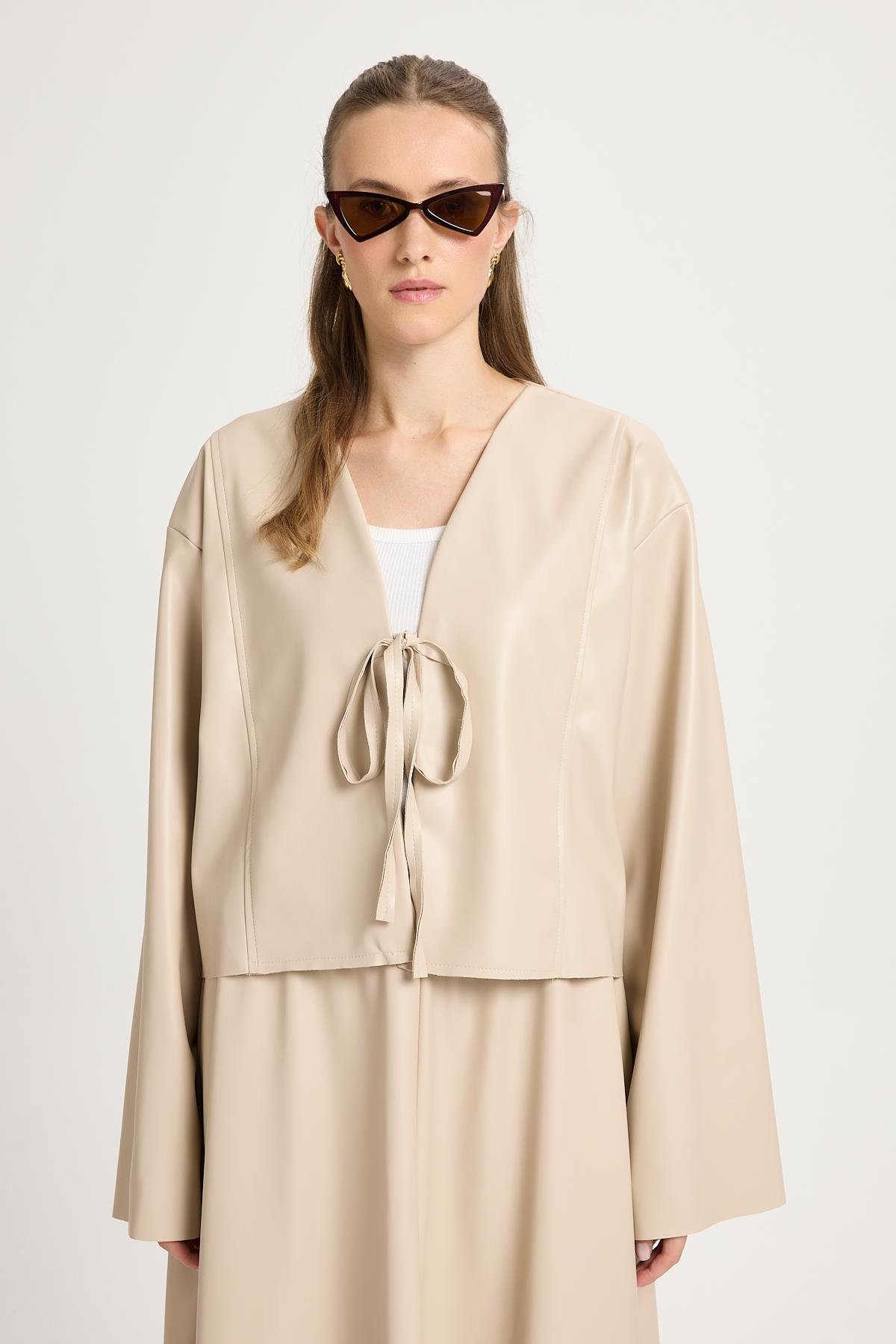 Taş Deri Önden Bağlamalı Kısa Ceket Kimono 30023