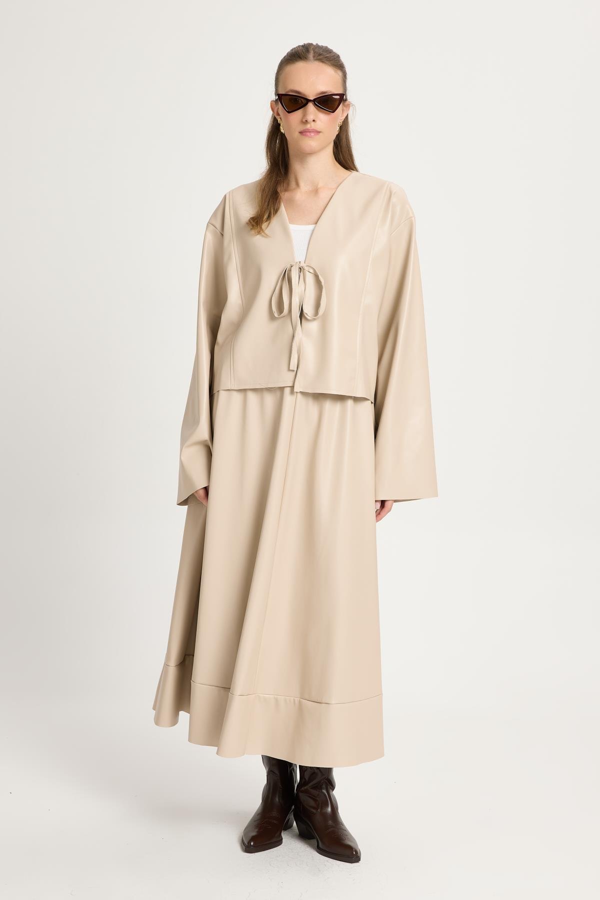 Taş Deri Önden Bağlamalı Kısa Ceket Kimono 30023