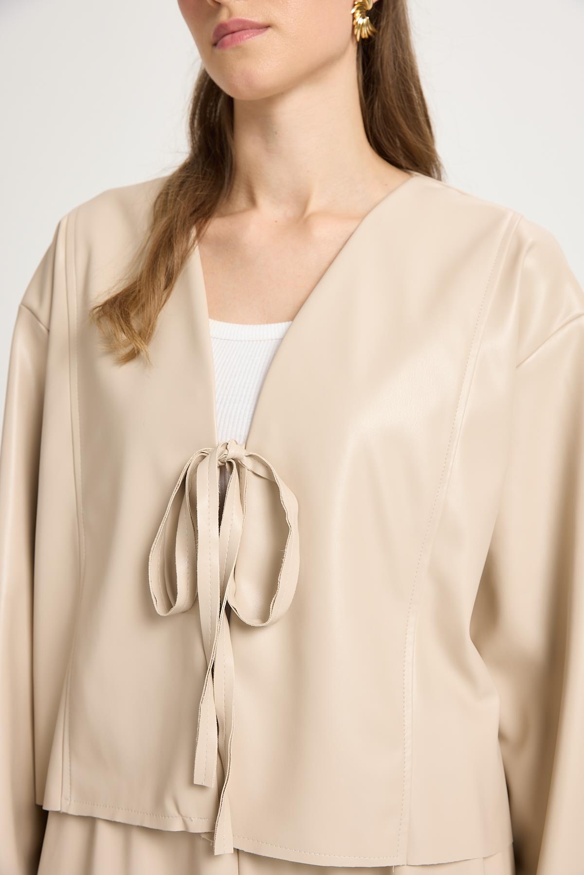 Taş Deri Önden Bağlamalı Kısa Ceket Kimono 30023