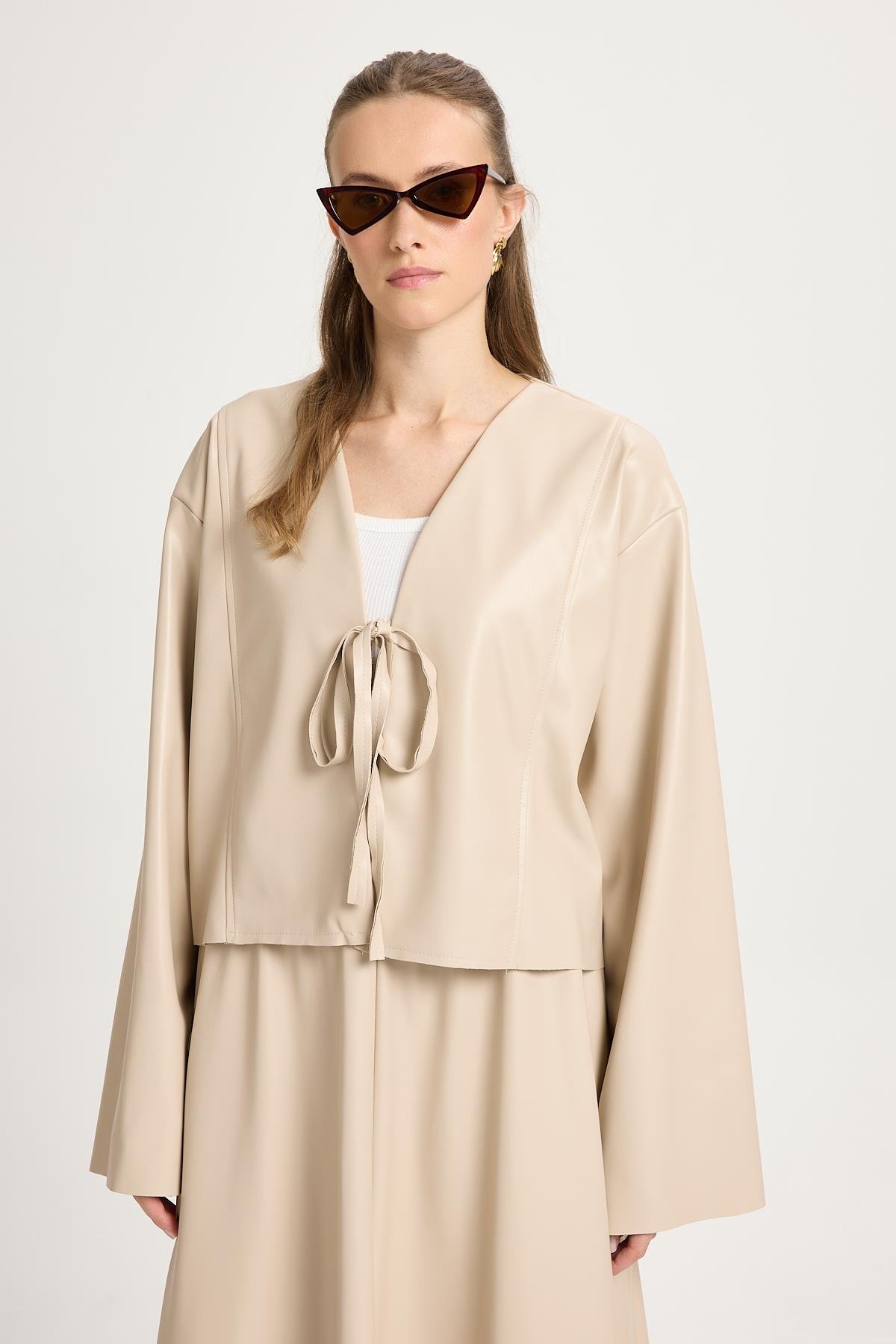 Taş Deri Önden Bağlamalı Kısa Ceket Kimono 30023