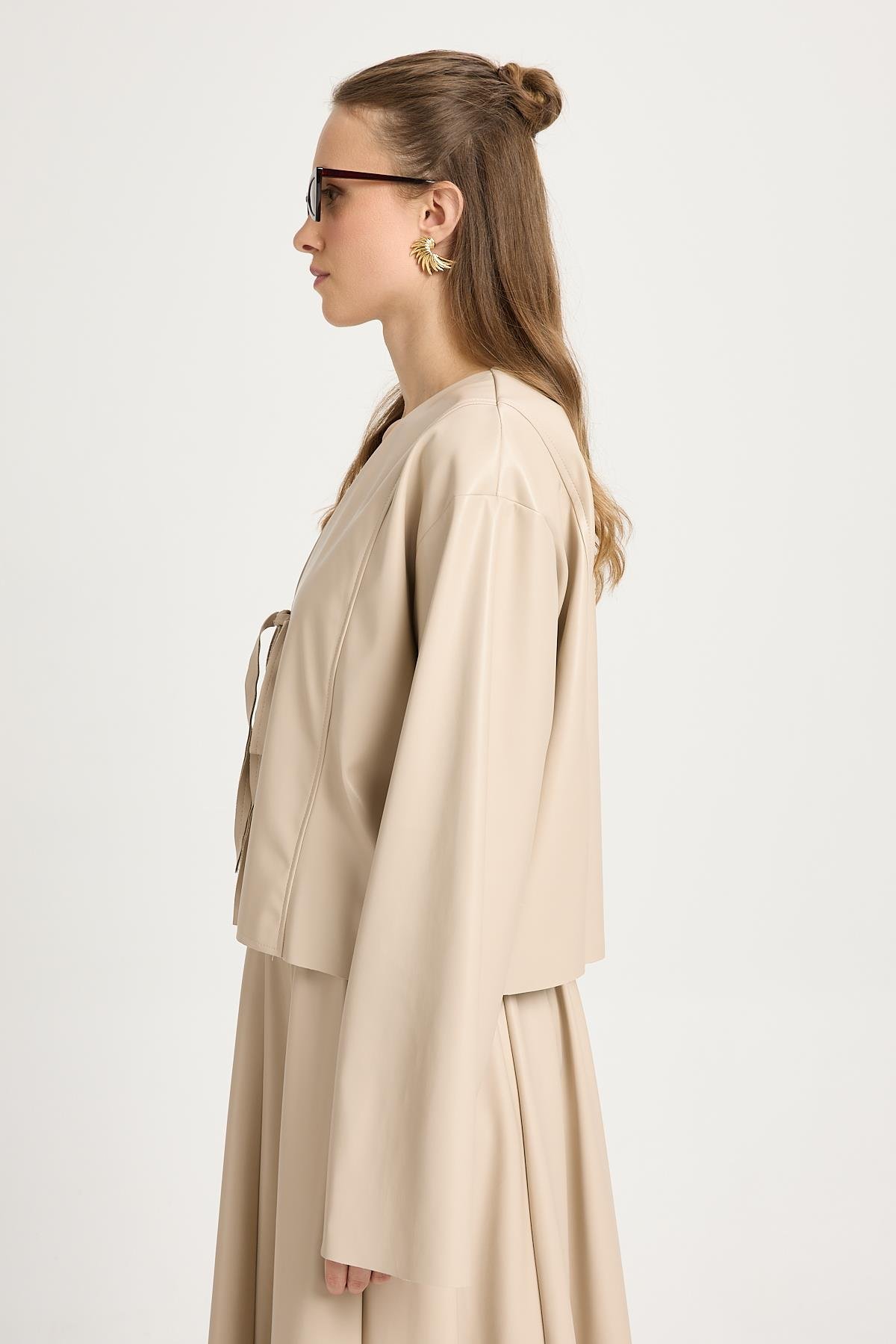 Taş Deri Önden Bağlamalı Kısa Ceket Kimono 30023