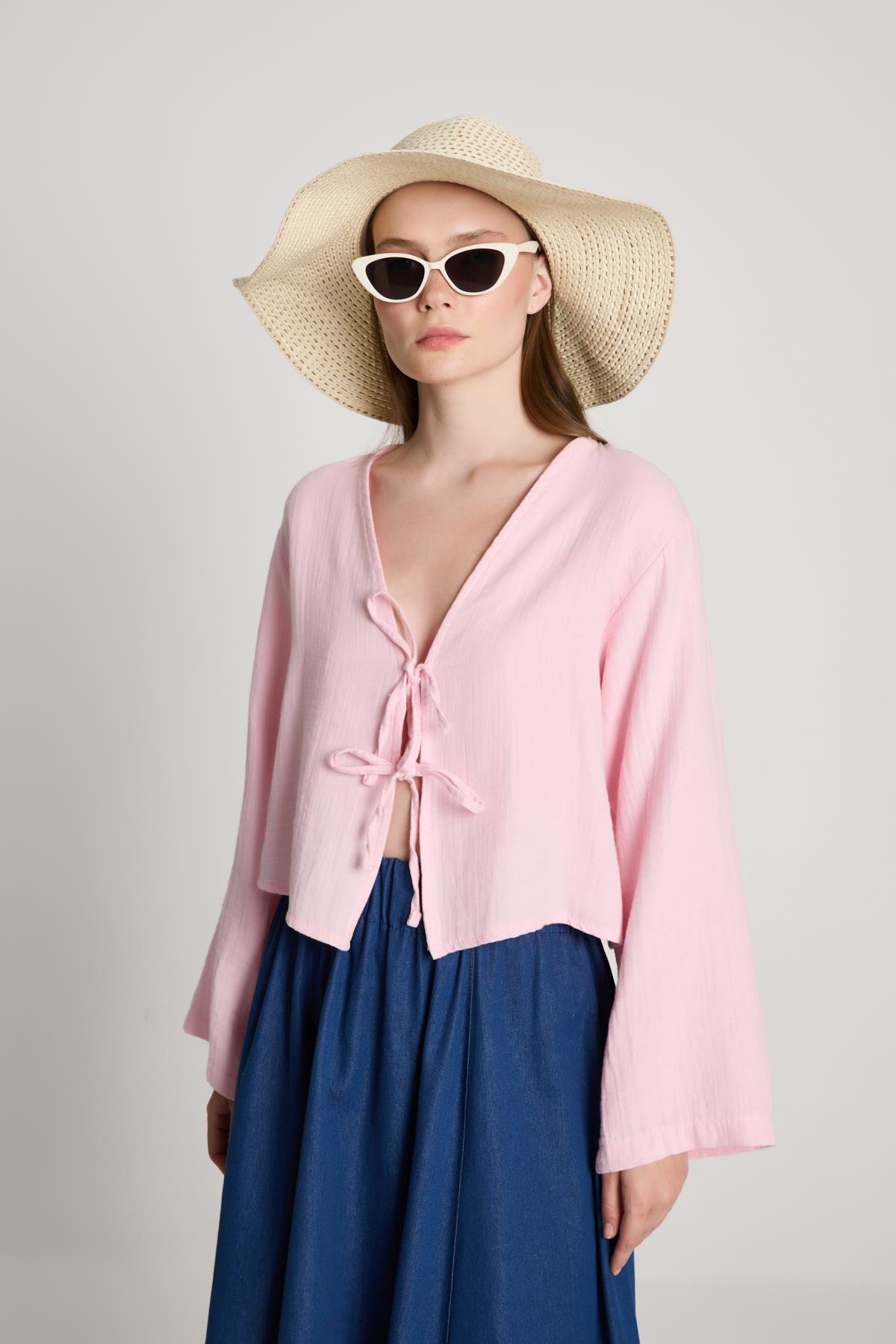 Toz Pembe Müslin Kumaş Önden Bağlamalı Bluz 27355