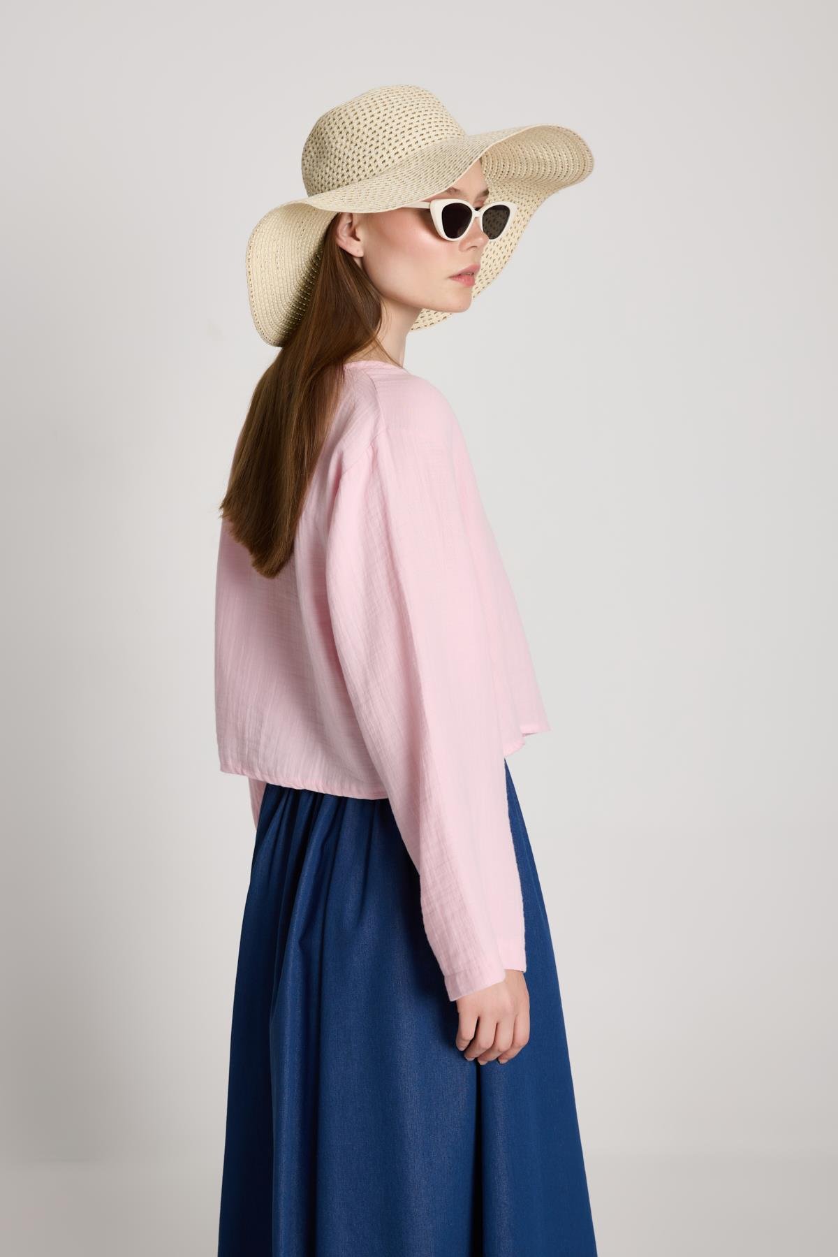 Toz Pembe Müslin Kumaş Önden Bağlamalı Bluz 27355