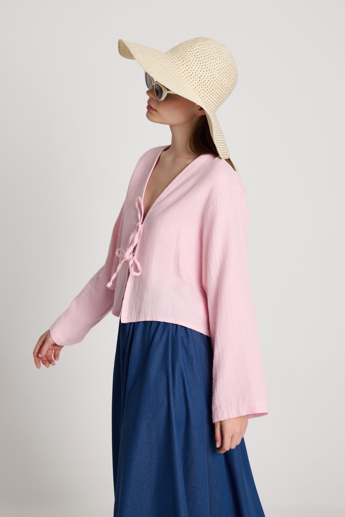 Toz Pembe Müslin Kumaş Önden Bağlamalı Bluz 27355